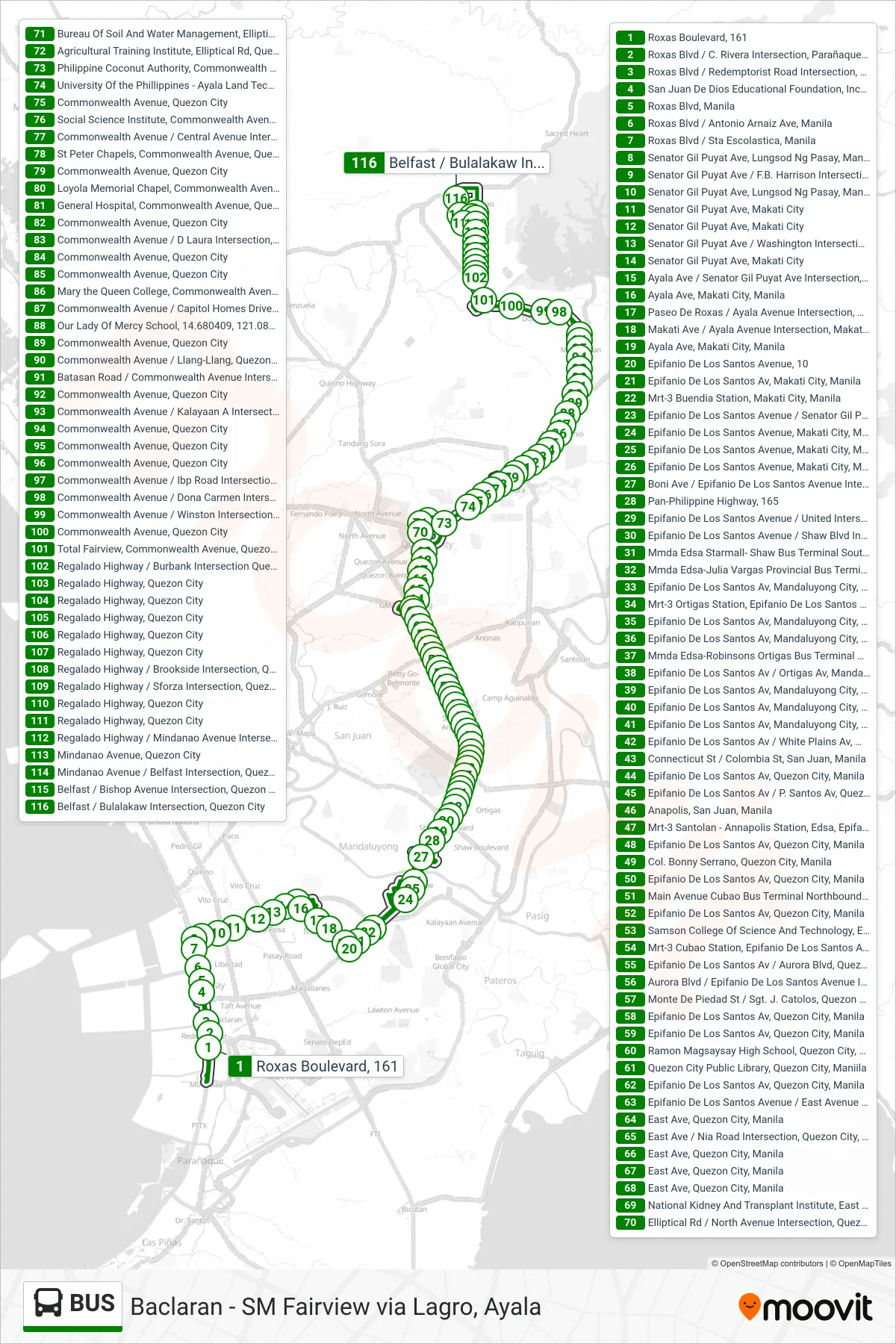 BUS bus Line (Roxas Boulevard, 161→Belfast / Bulalakaw Intersection, Quezon City) route and stops on a map