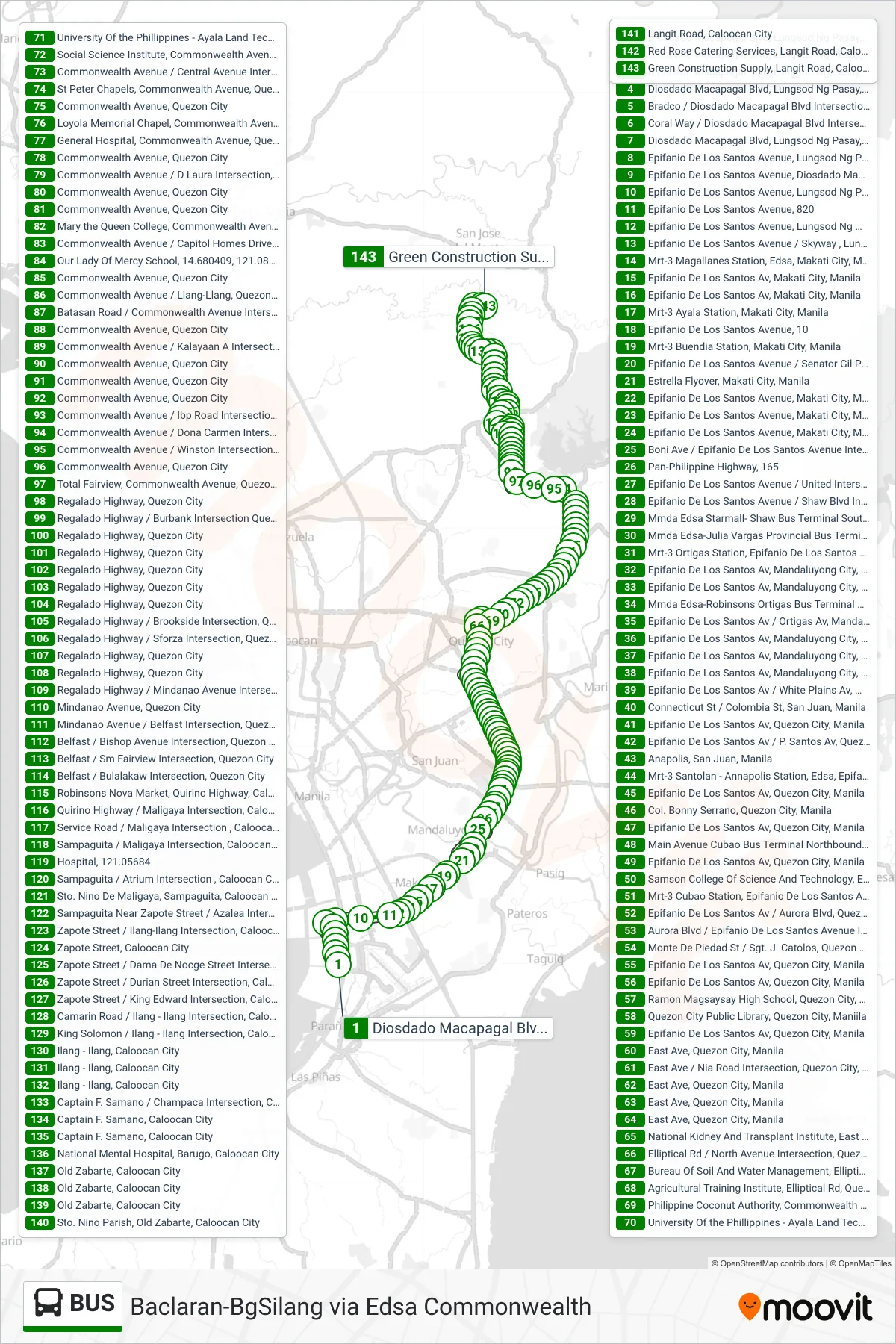 BUS bus Line (Diosdado Macapagal Blvd, Lungsod Ng Pasay, Manila‎→Green Construction Supply, Langit Road, Caloocan City) route and stops on a map