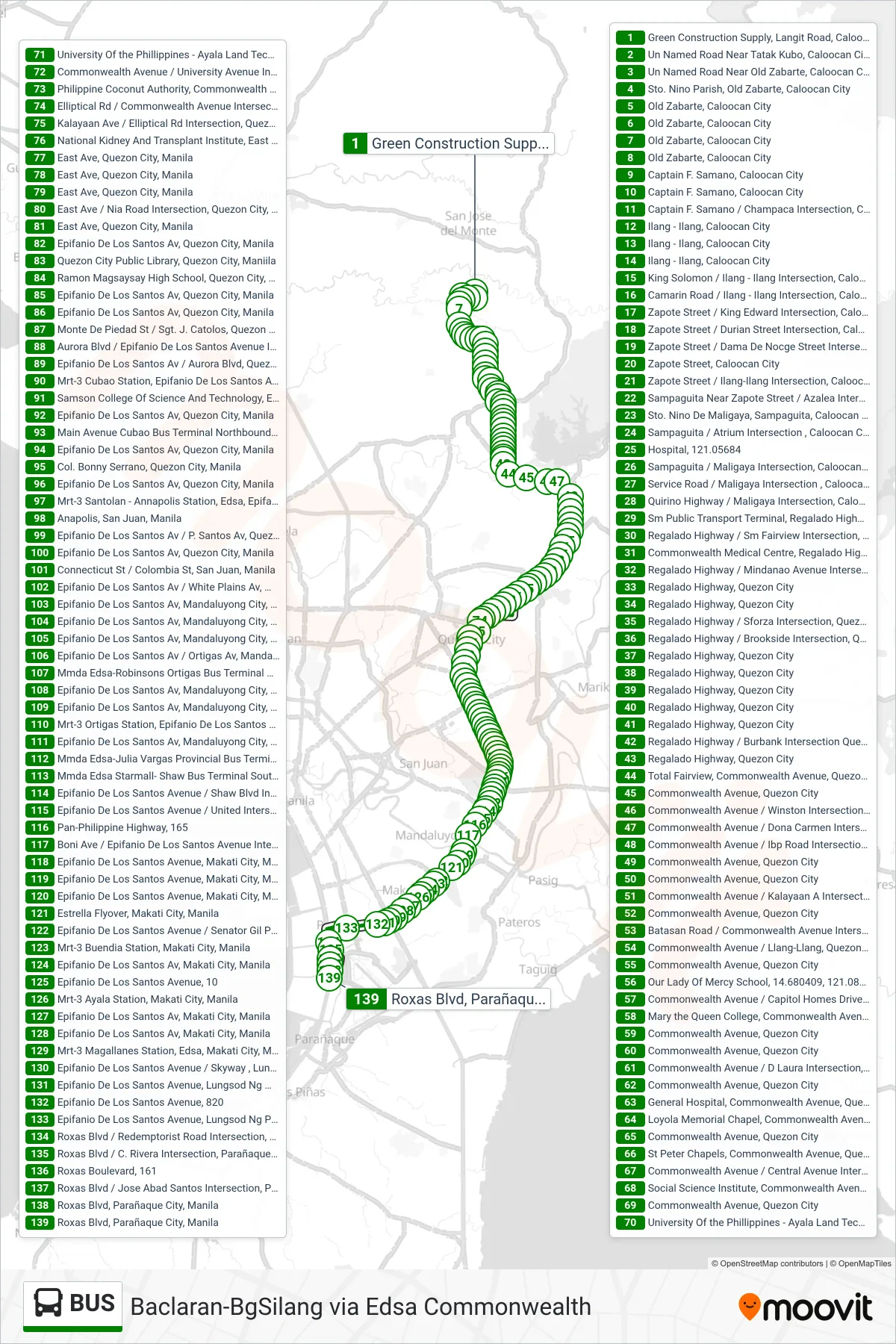 BUS bus Line (Green Construction Supply, Langit Road, Caloocan City→Roxas Blvd, Parañaque City, Manila) route and stops on a map