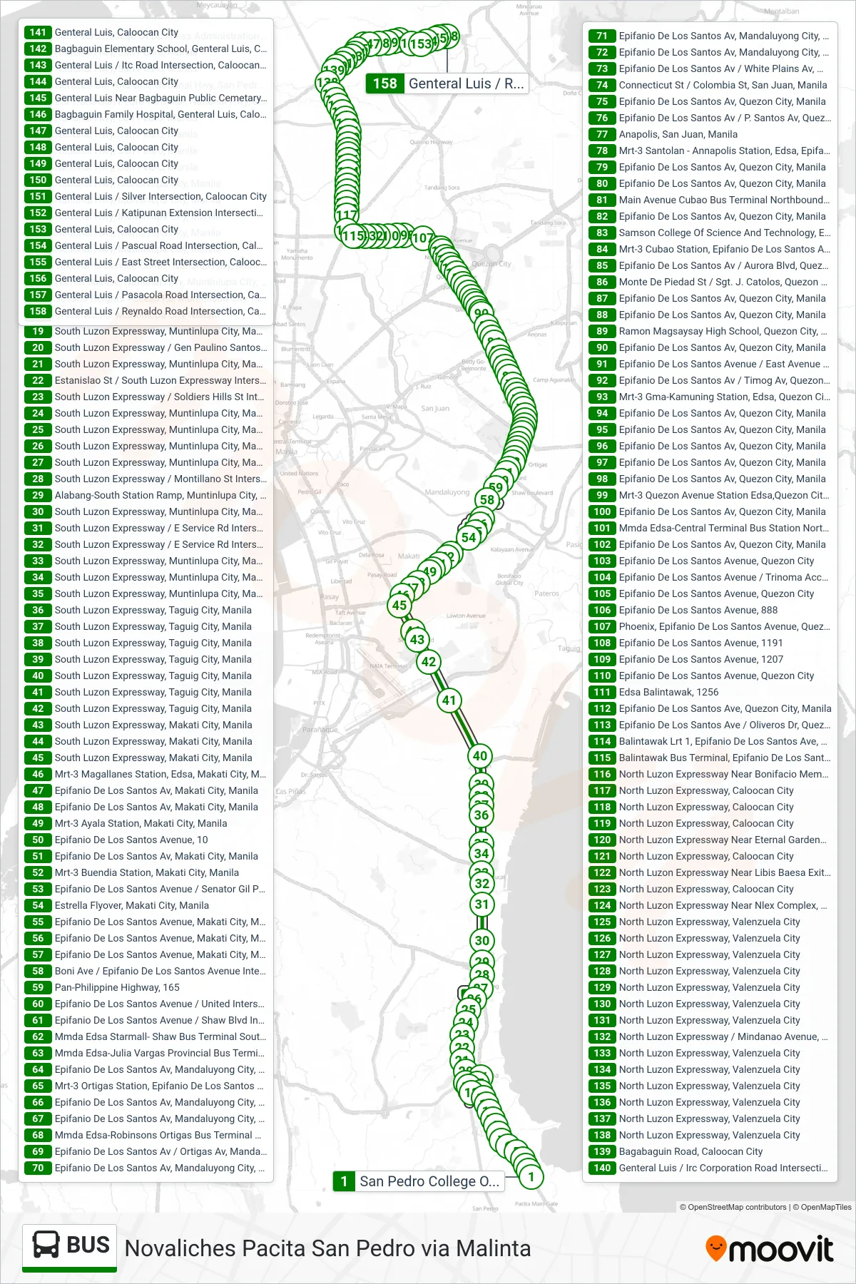 BUS bus Line (San Pedro College Of Business Administration, National Hwy, San Pedro, Manila‎→Genteral Luis / Reynaldo Road Intersection, Caloocan City) route and stops on a map