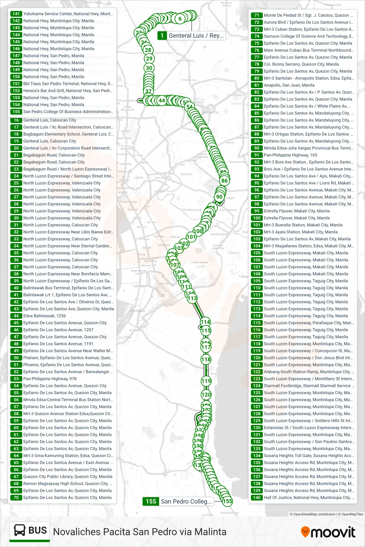 BUS bus Line (Genteral Luis / Reynaldo Road Intersection, Caloocan City‎→San Pedro College Of Business Administration, National Hwy, San Pedro, Manila) route and stops on a map