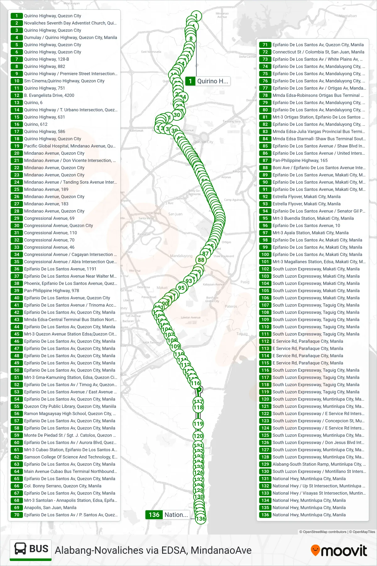 BUS bus Line (Quirino Highway, Quezon City‎→National Hwy, Muntinlupa City, Manila) route and stops on a map