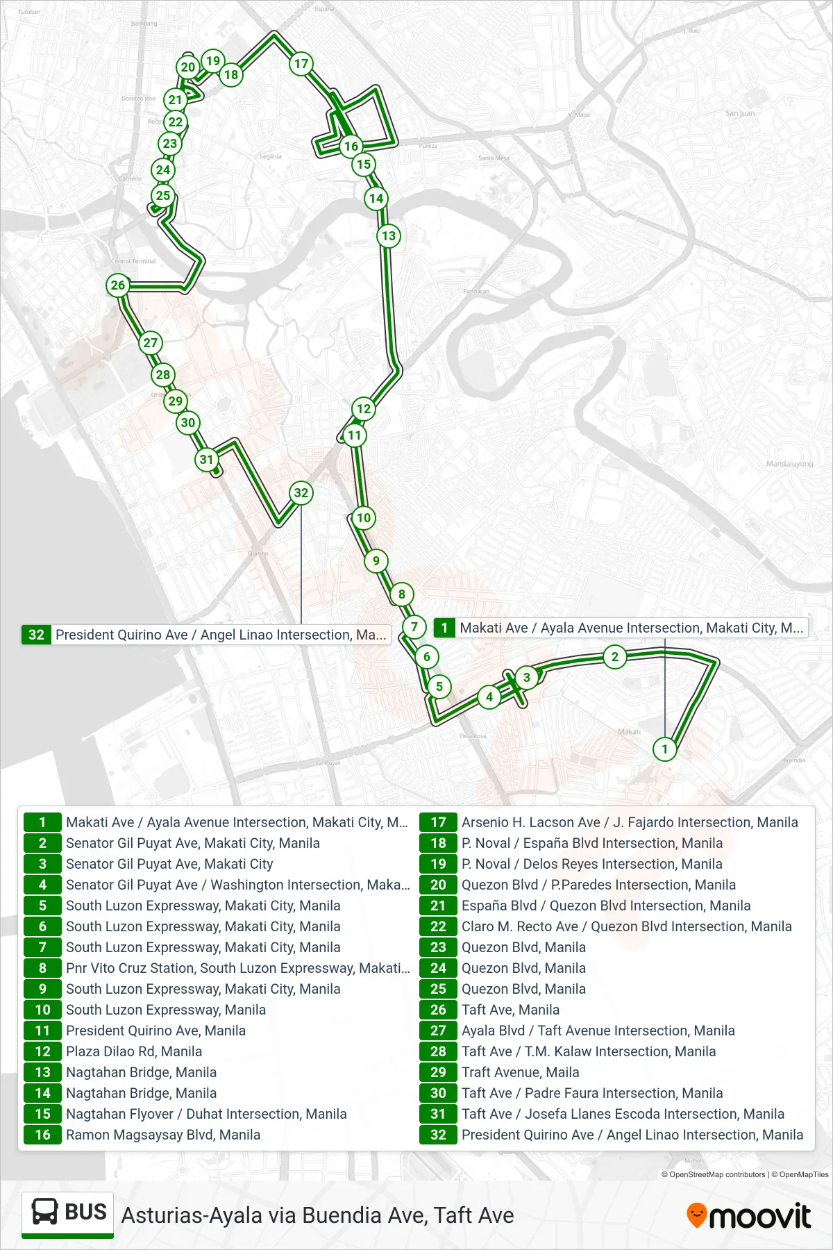 BUS bus Line (Makati Ave / Ayala Avenue Intersection, Makati City, Manila→President Quirino Ave / Angel Linao Intersection, Manila) route and stops on a map
