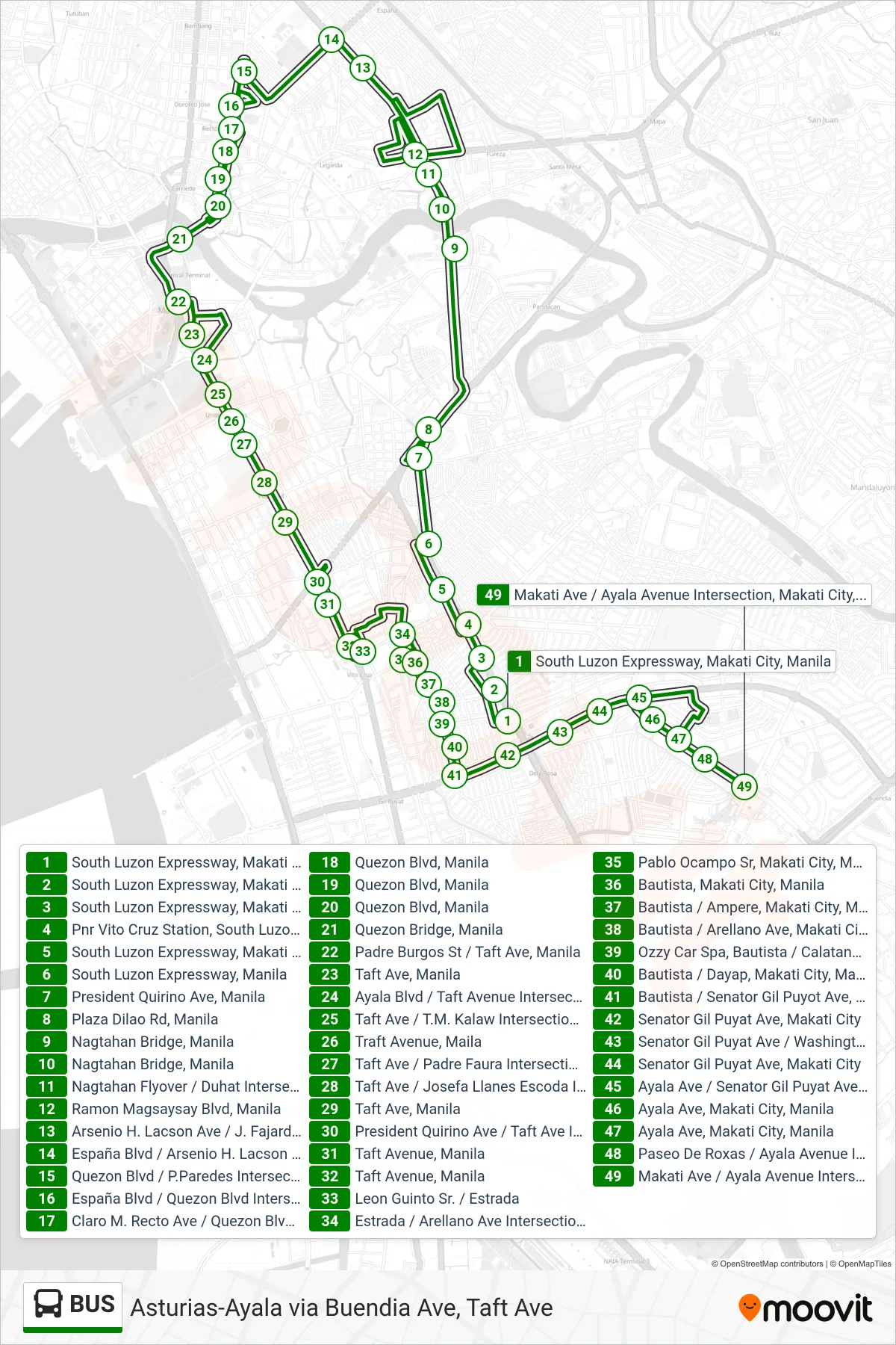 BUS bus Line (South Luzon Expressway, Makati City, Manila→Makati Ave / Ayala Avenue Intersection, Makati City, Manila) route and stops on a map