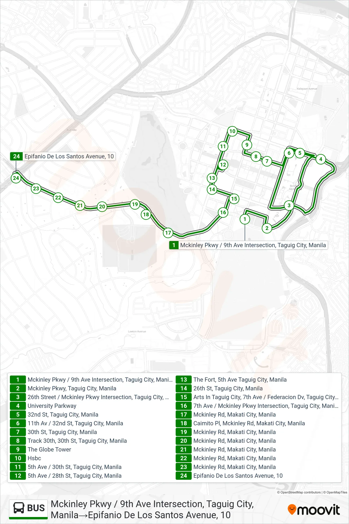 BUS bus Line (Mckinley Pkwy / 9th Ave Intersection, Taguig City, Manila→Epifanio De Los Santos Avenue, 10) route and stops on a map