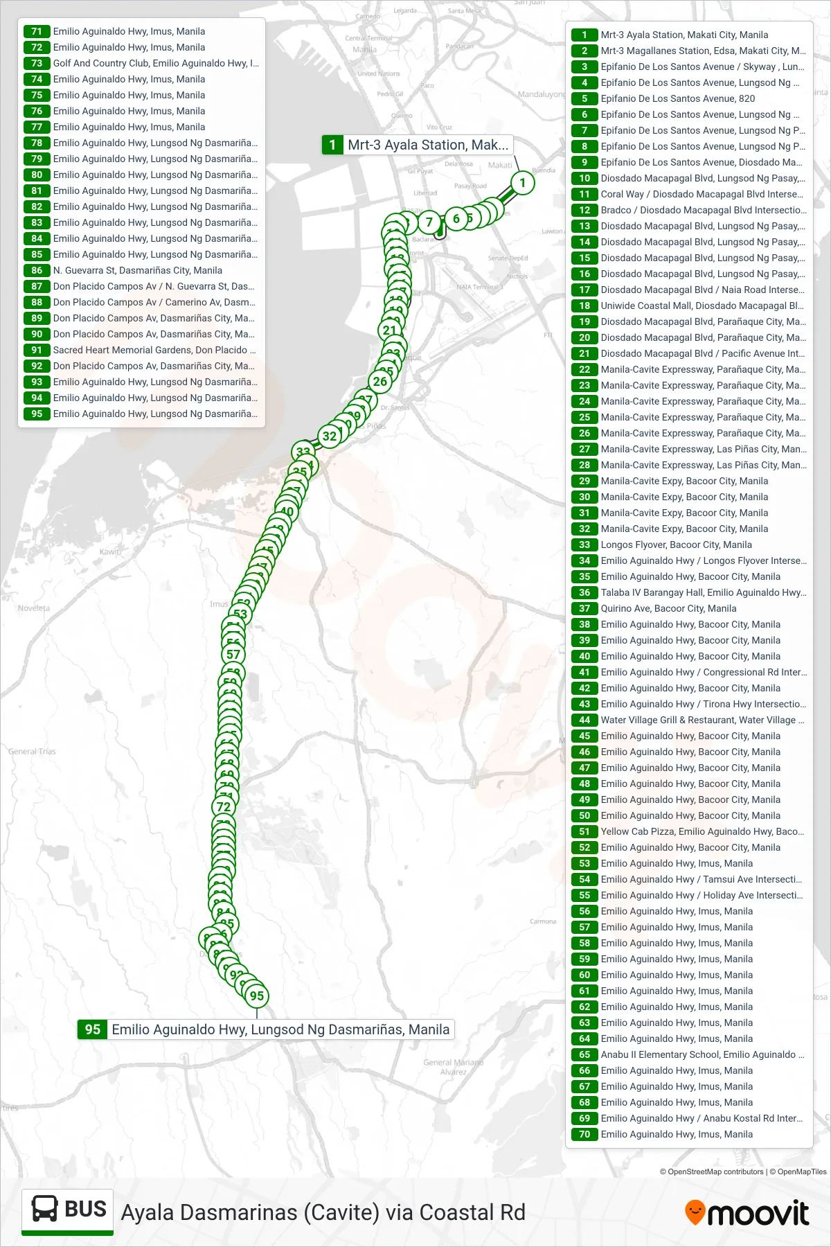 BUS bus Line (Mrt-3 Ayala Station, Makati City, Manila→Emilio Aguinaldo Hwy, Lungsod Ng Dasmariñas, Manila) route and stops on a map