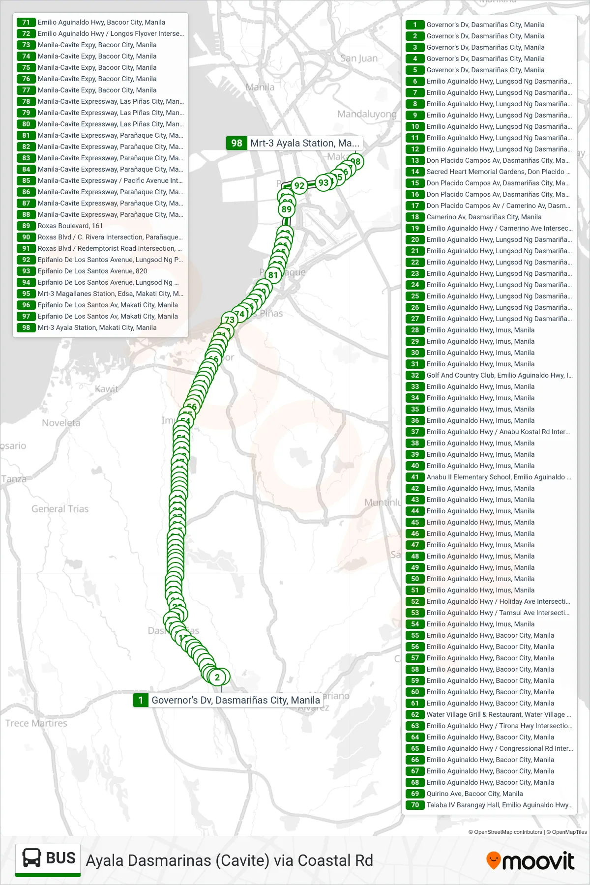 BUS bus Line (Governor's Dv, Dasmariñas City, Manila‎→Mrt-3 Ayala Station, Makati City, Manila) route and stops on a map