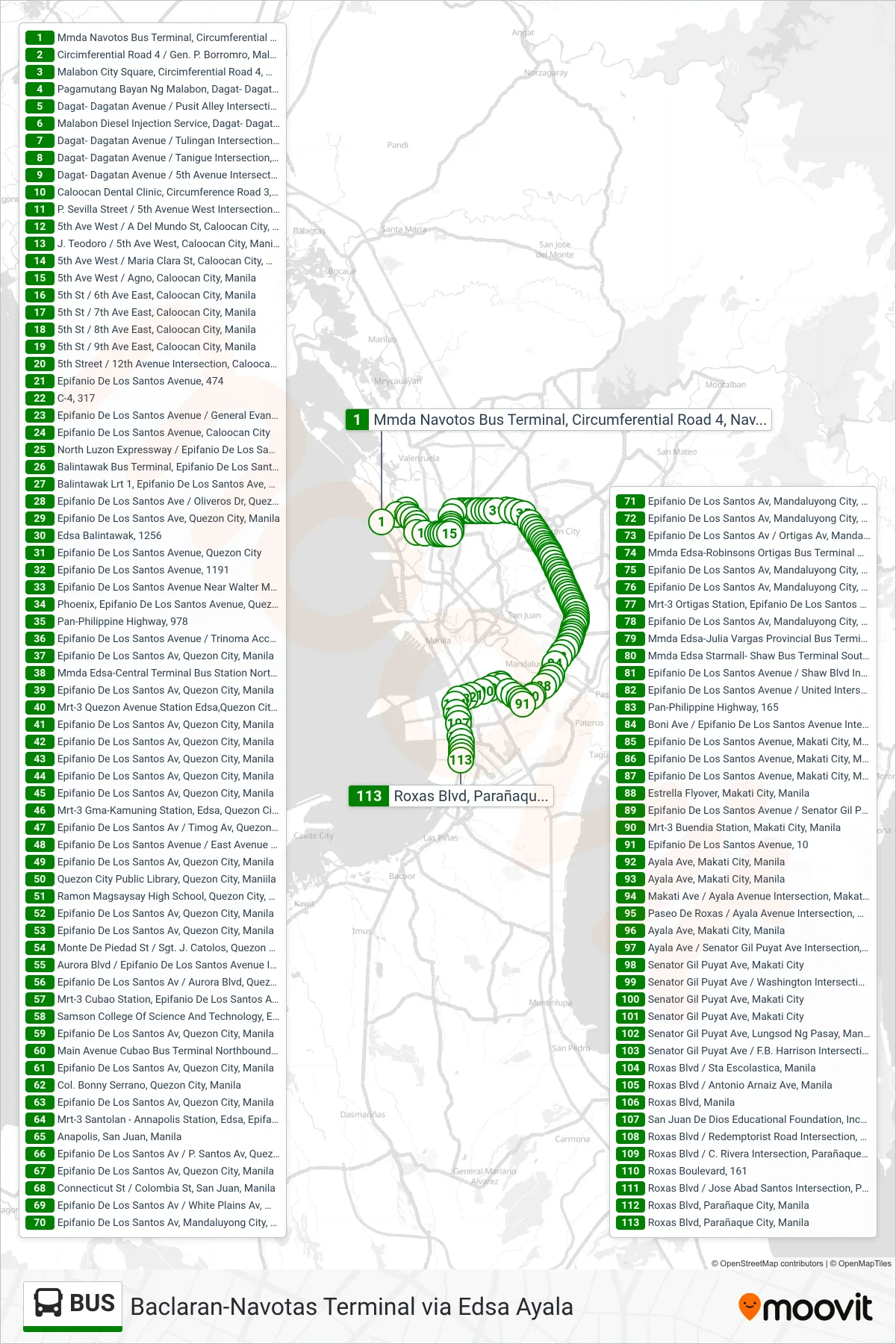 BUS bus Line (Mmda Navotos Bus Terminal, Circumferential Road 4, Navotas City, Manila→Roxas Blvd, Parañaque City, Manila) route and stops on a map