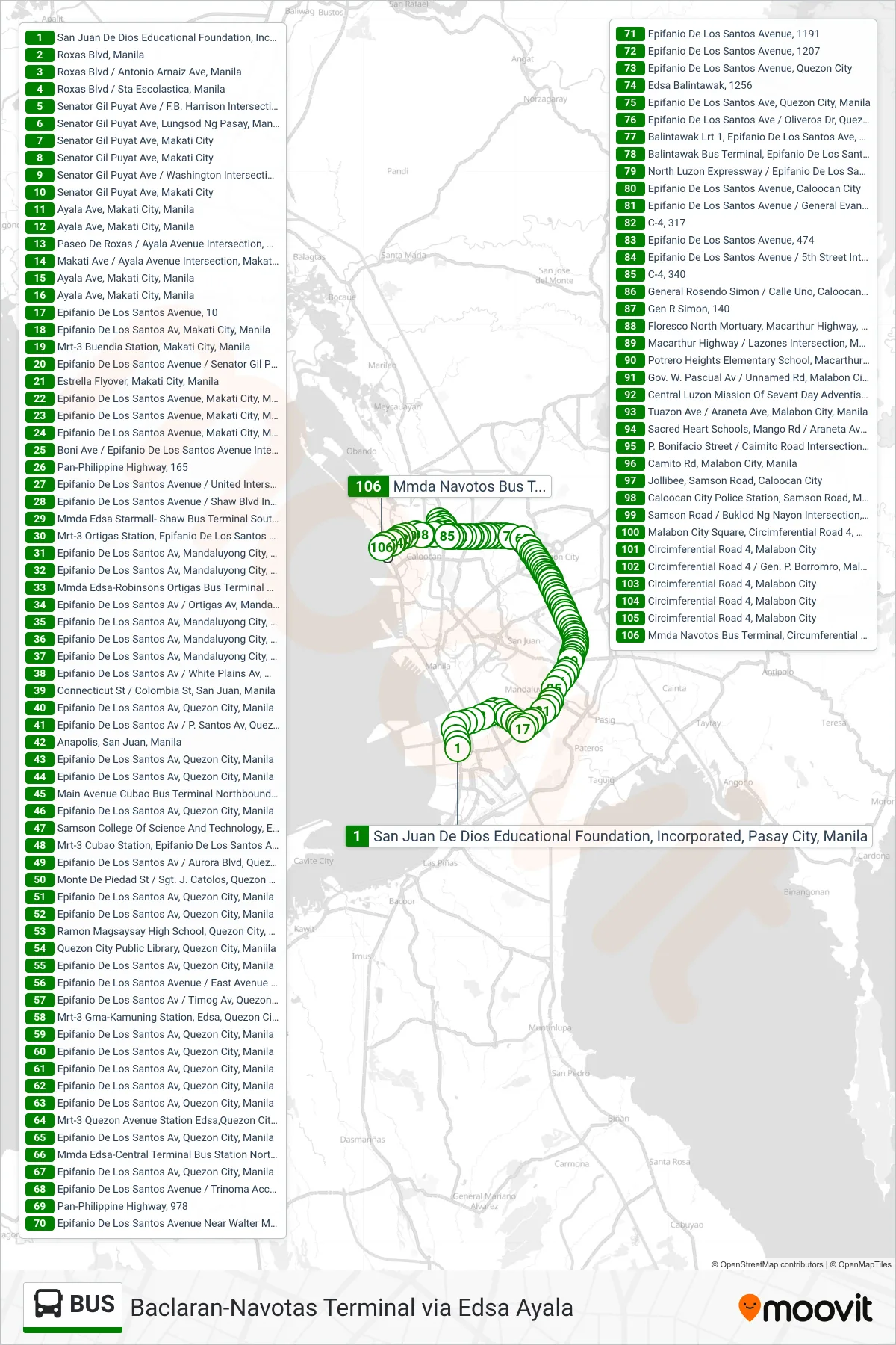 BUS bus Line (San Juan De Dios Educational Foundation, Incorporated, Pasay City, Manila→Mmda Navotos Bus Terminal, Circumferential Road 4, Navotas City, Manila) route and stops on a map