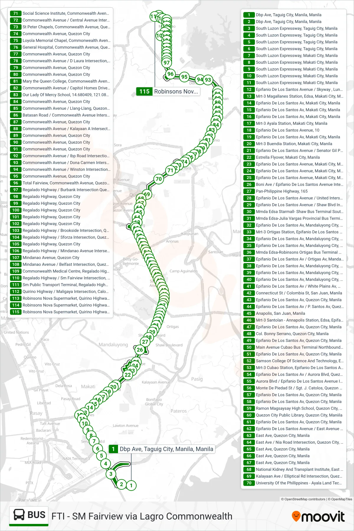 BUS bus Line (Dbp Ave, Taguig City, Manila, Manila→Robinsons Nova Supermarket, Quirino Highway, Caloocan City, Manila) route and stops on a map