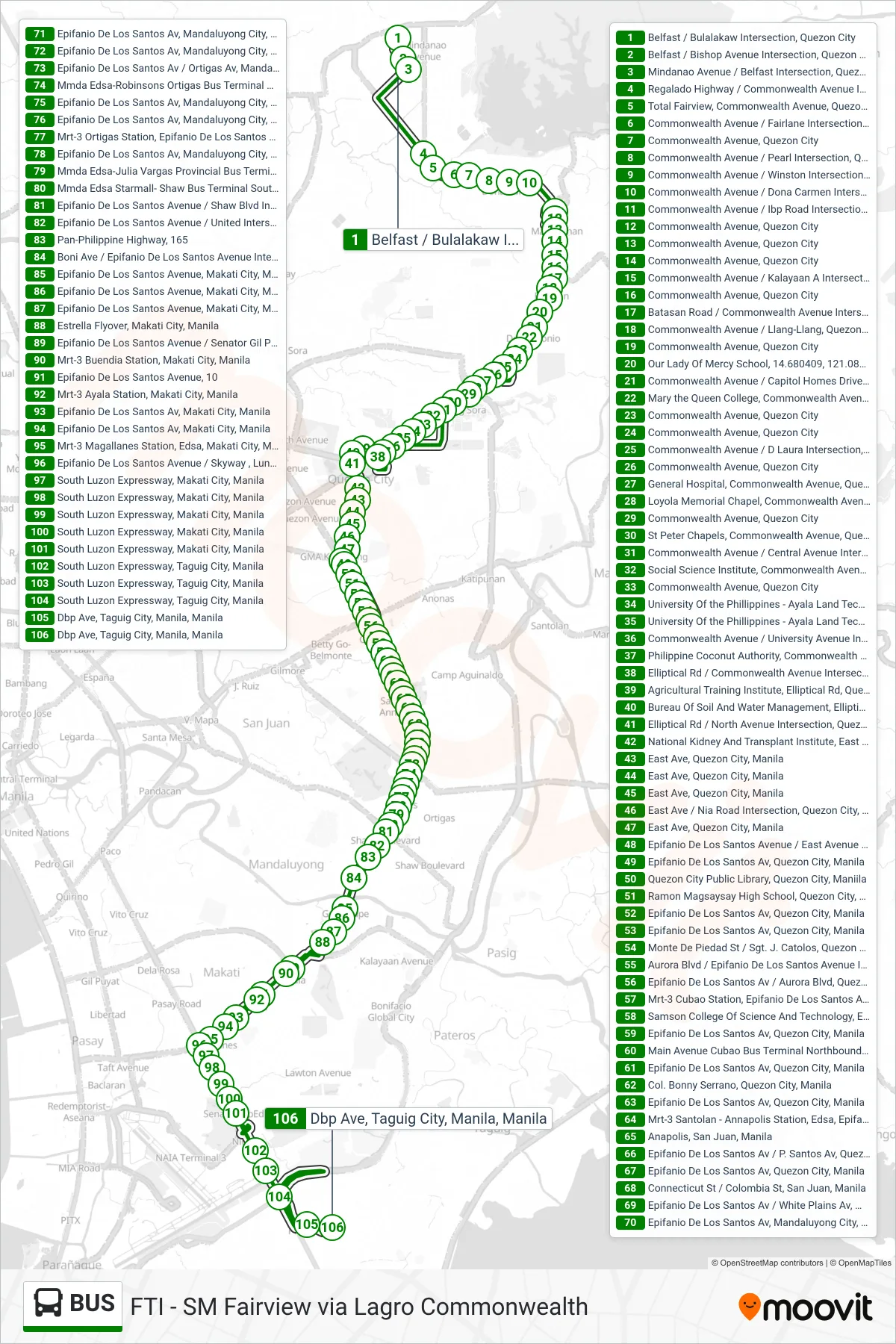 BUS bus Line (Belfast / Bulalakaw Intersection, Quezon City→Dbp Ave, Taguig City, Manila, Manila) route and stops on a map