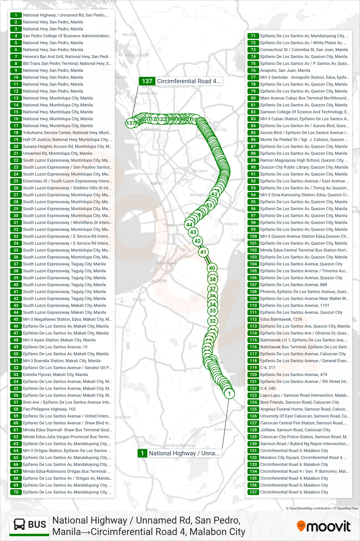 BUS bus Line (National Highway / Unnamed Rd, San Pedro, Manila→Circimferential Road 4, Malabon City) route and stops on a map