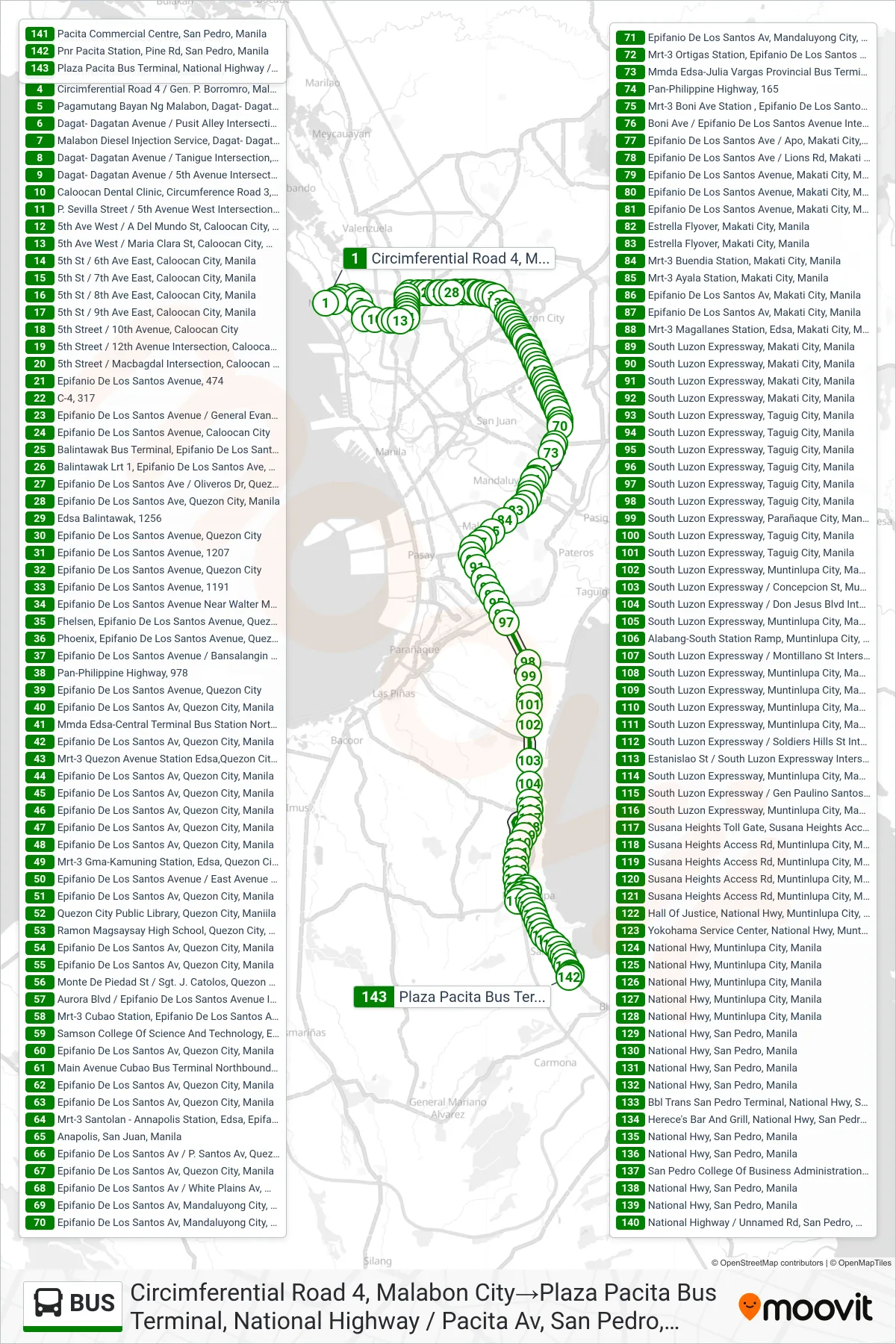 BUS bus Line (Circimferential Road 4, Malabon City‎→Plaza Pacita Bus Terminal, National Highway / Pacita Av, San Pedro, Manila) route and stops on a map