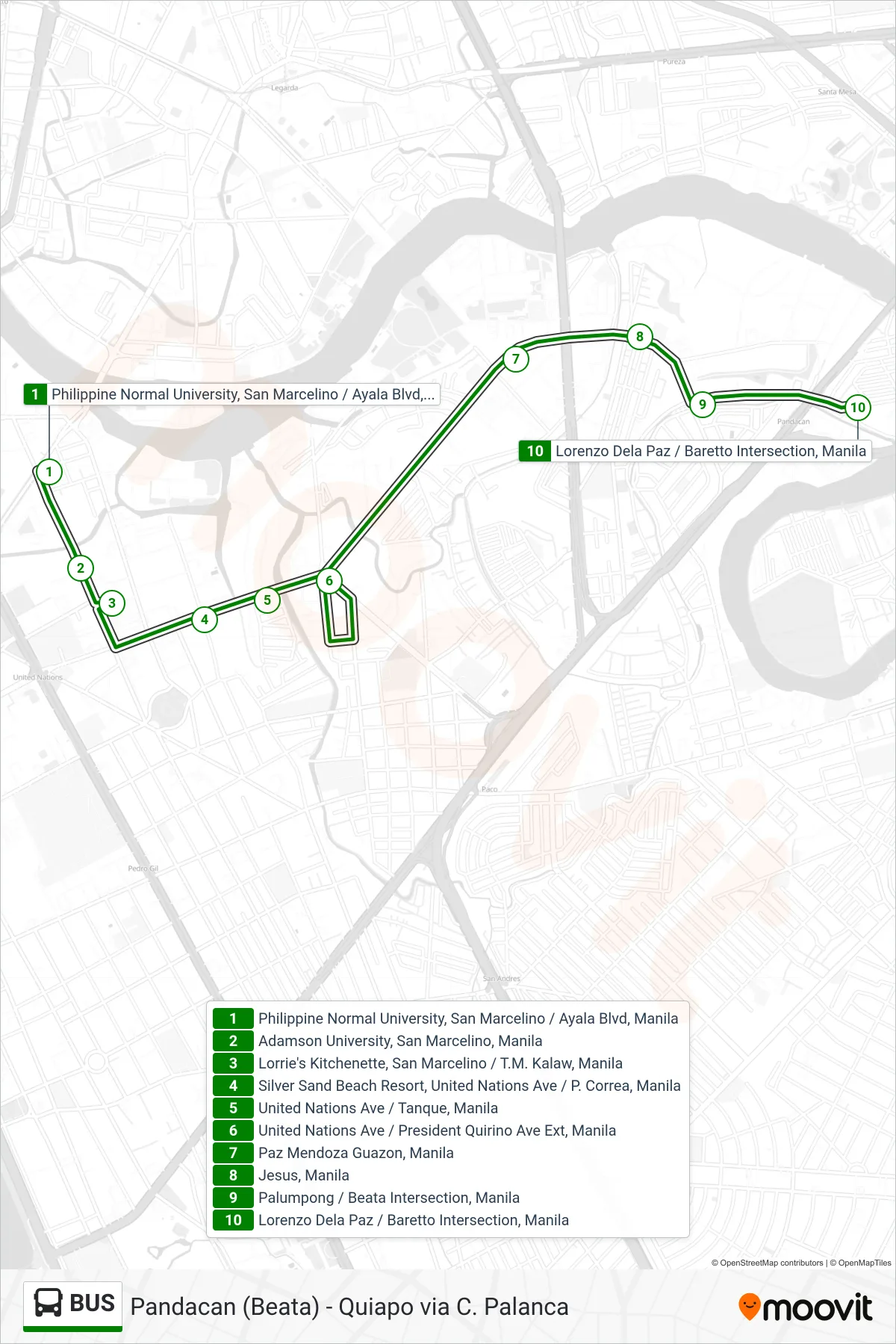 BUS bus Line (Philippine Normal University, San Marcelino / Ayala Blvd, Manila‎→Lorenzo Dela Paz / Baretto Intersection, Manila) route and stops on a map