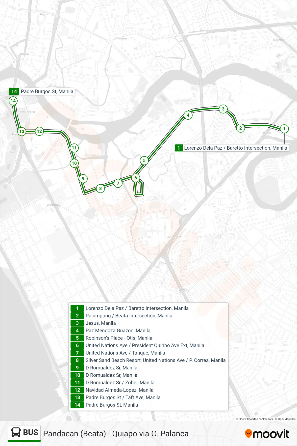 BUS bus Line (Lorenzo Dela Paz / Baretto Intersection, Manila‎→Padre Burgos St, Manila) route and stops on a map