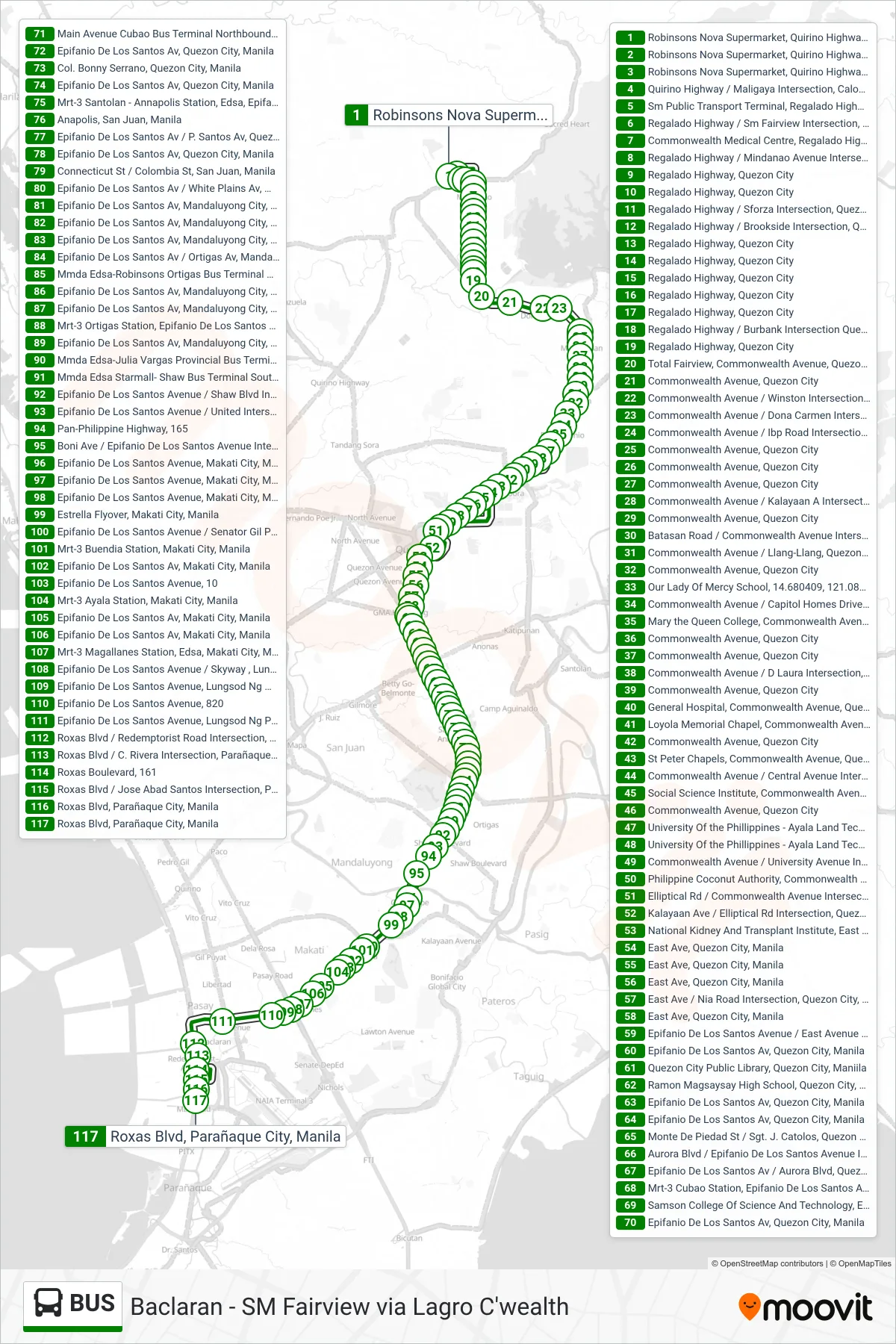 BUS bus Line (Robinsons Nova Supermarket, Quirino Highway, Caloocan City, Manila→Roxas Blvd, Parañaque City, Manila) route and stops on a map