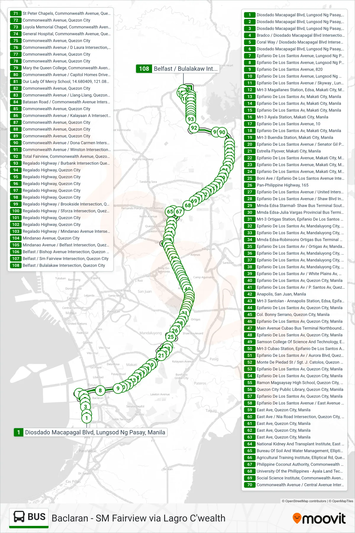 BUS bus Line (Diosdado Macapagal Blvd, Lungsod Ng Pasay, Manila‎→Belfast / Bulalakaw Intersection, Quezon City) route and stops on a map