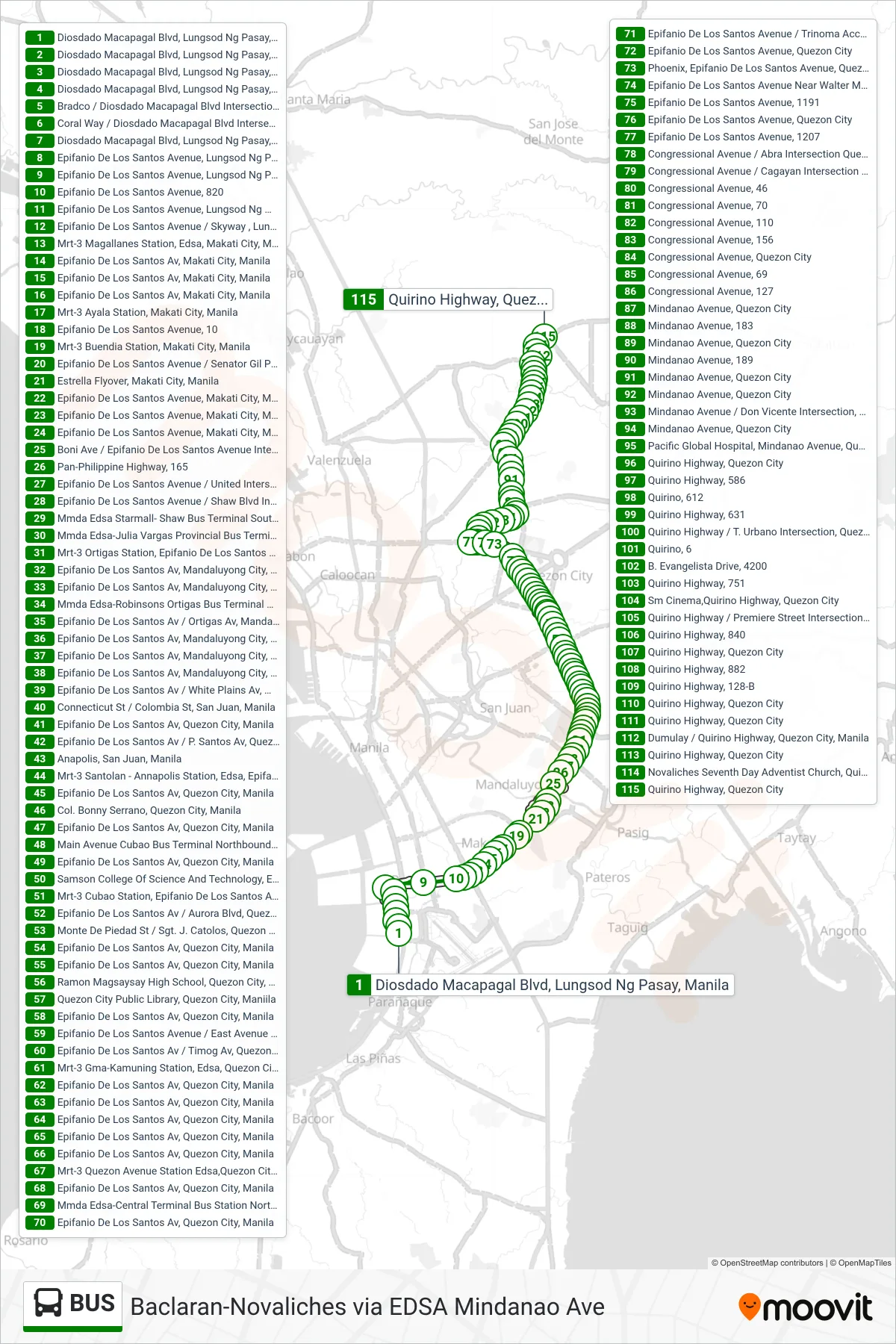 BUS bus Line (Diosdado Macapagal Blvd, Lungsod Ng Pasay, Manila‎→Quirino Highway, Quezon City) route and stops on a map