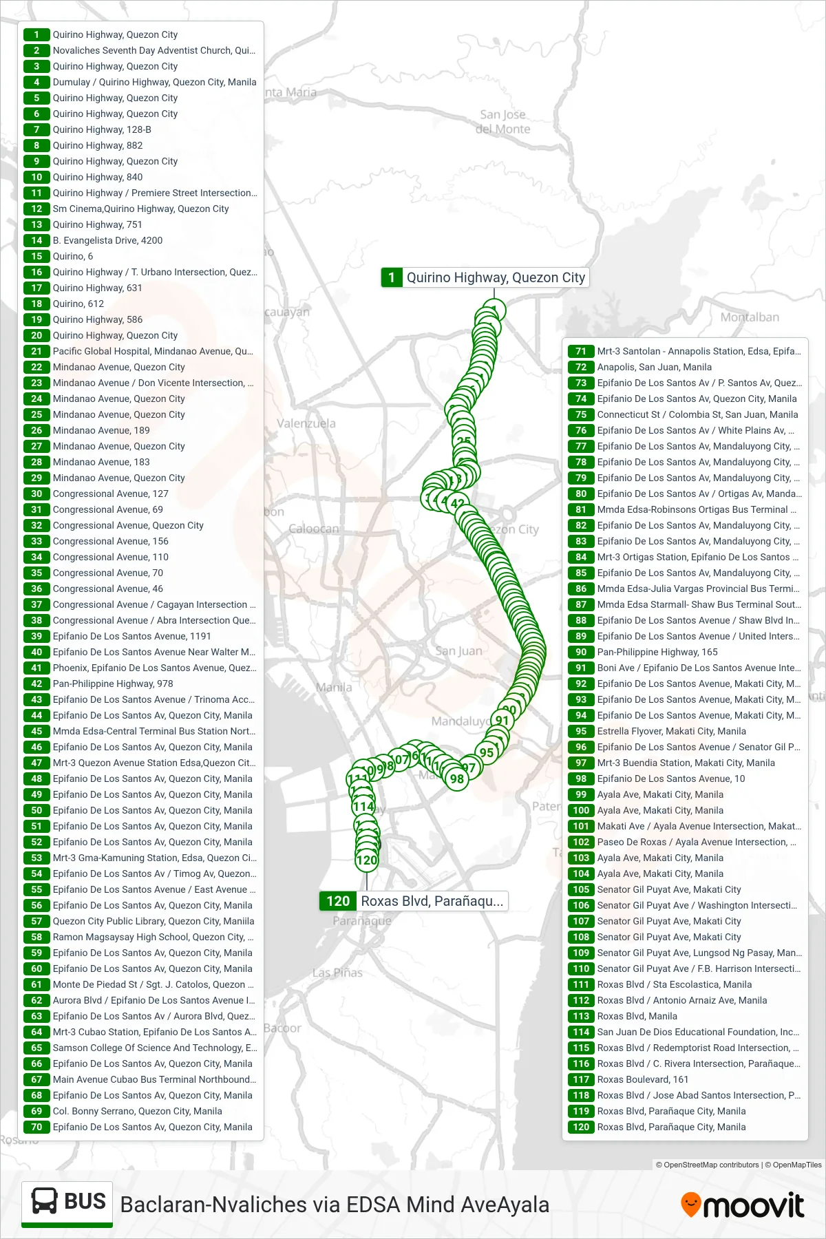 BUS bus Line (Quirino Highway, Quezon City‎→Roxas Blvd, Parañaque City, Manila) route and stops on a map
