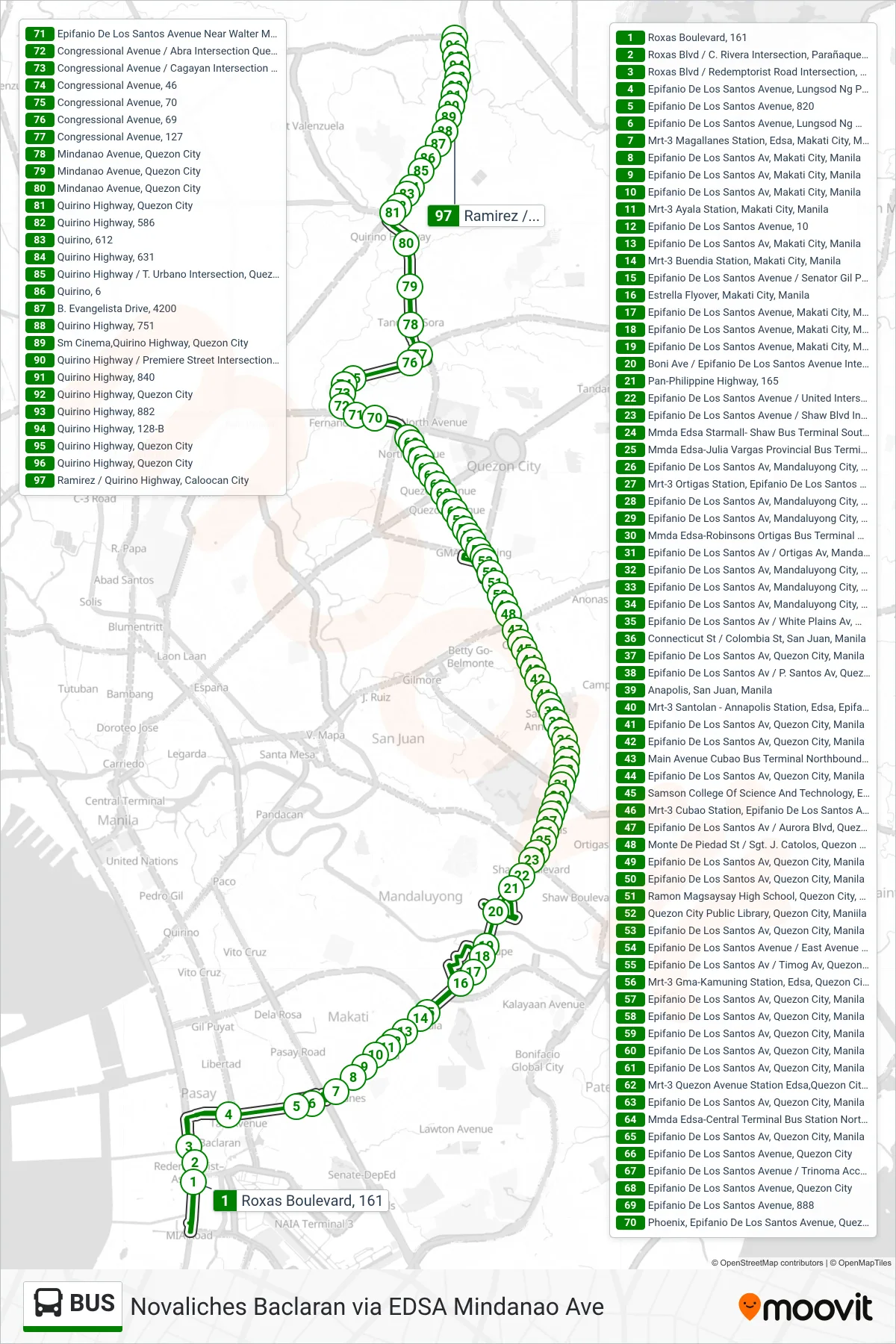 BUS bus Line (Roxas Boulevard, 161→Ramirez / Quirino Highway, Caloocan City) route and stops on a map