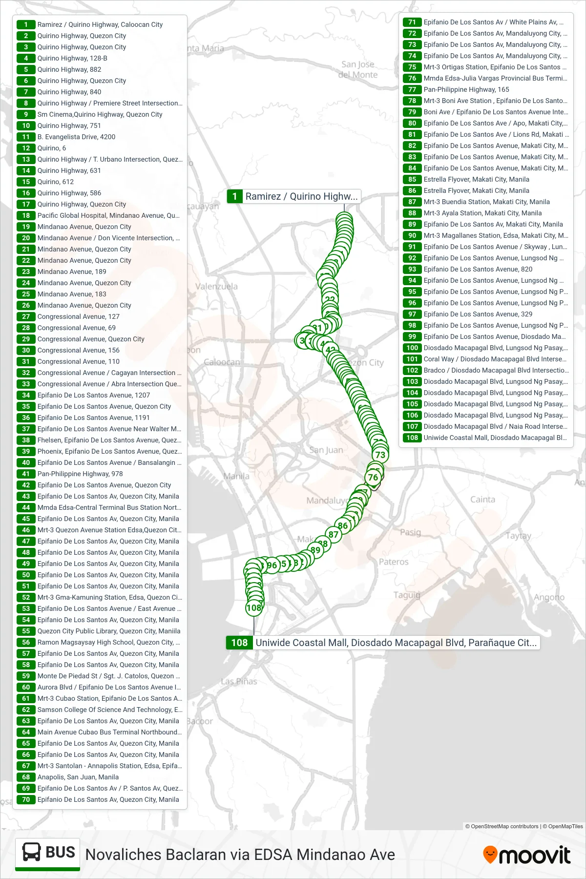 BUS bus Line (Ramirez / Quirino Highway, Caloocan City‎→Uniwide Coastal Mall, Diosdado Macapagal Blvd, Parañaque City, Manila) route and stops on a map