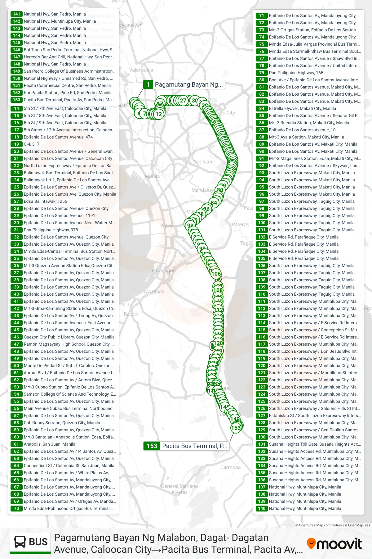 BUS bus Line (Pagamutang Bayan Ng Malabon, Dagat- Dagatan Avenue, Caloocan City‎→Pacita Bus Terminal,  Pacita Av, San Pedro, Manila) route and stops on a map