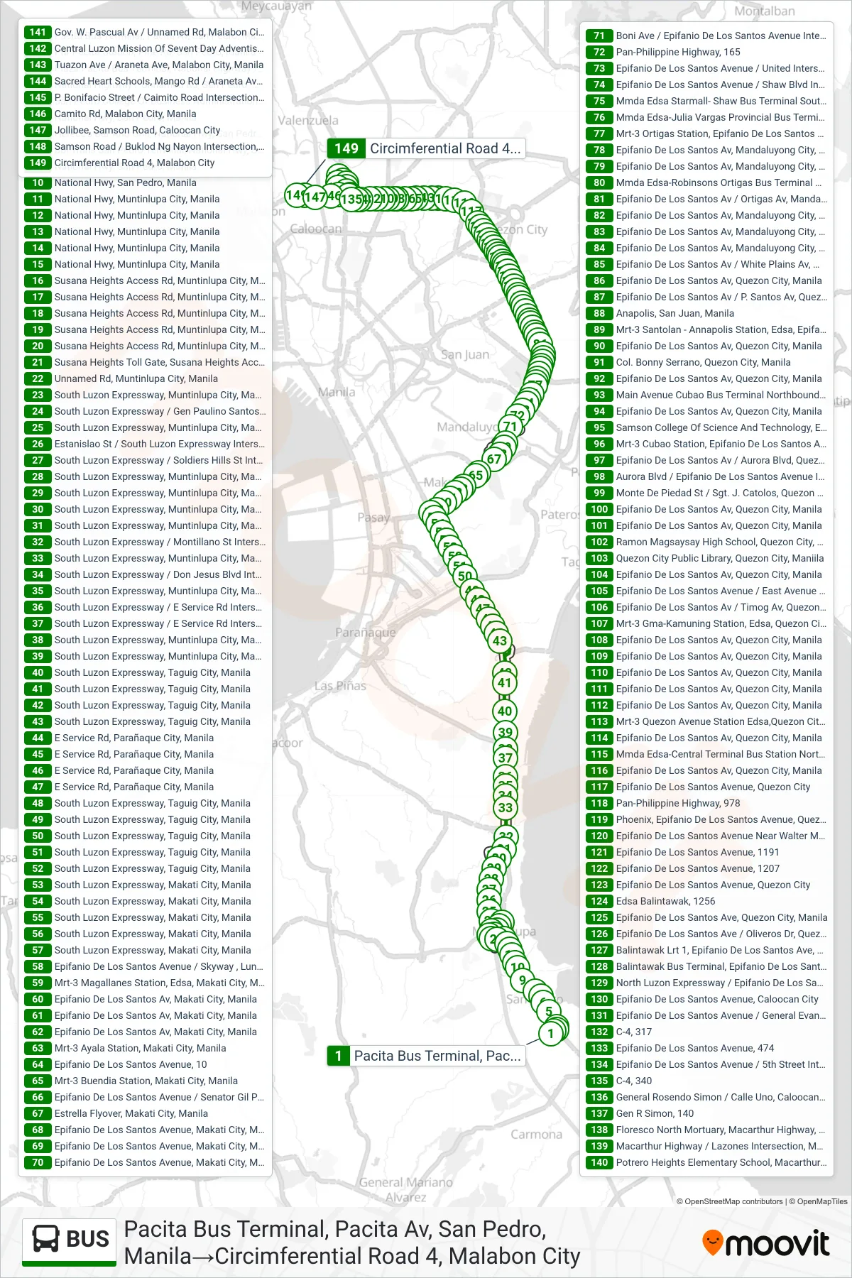 BUS bus Line (Pacita Bus Terminal, Pacita Av, San Pedro, Manila→Circimferential Road 4, Malabon City) route and stops on a map