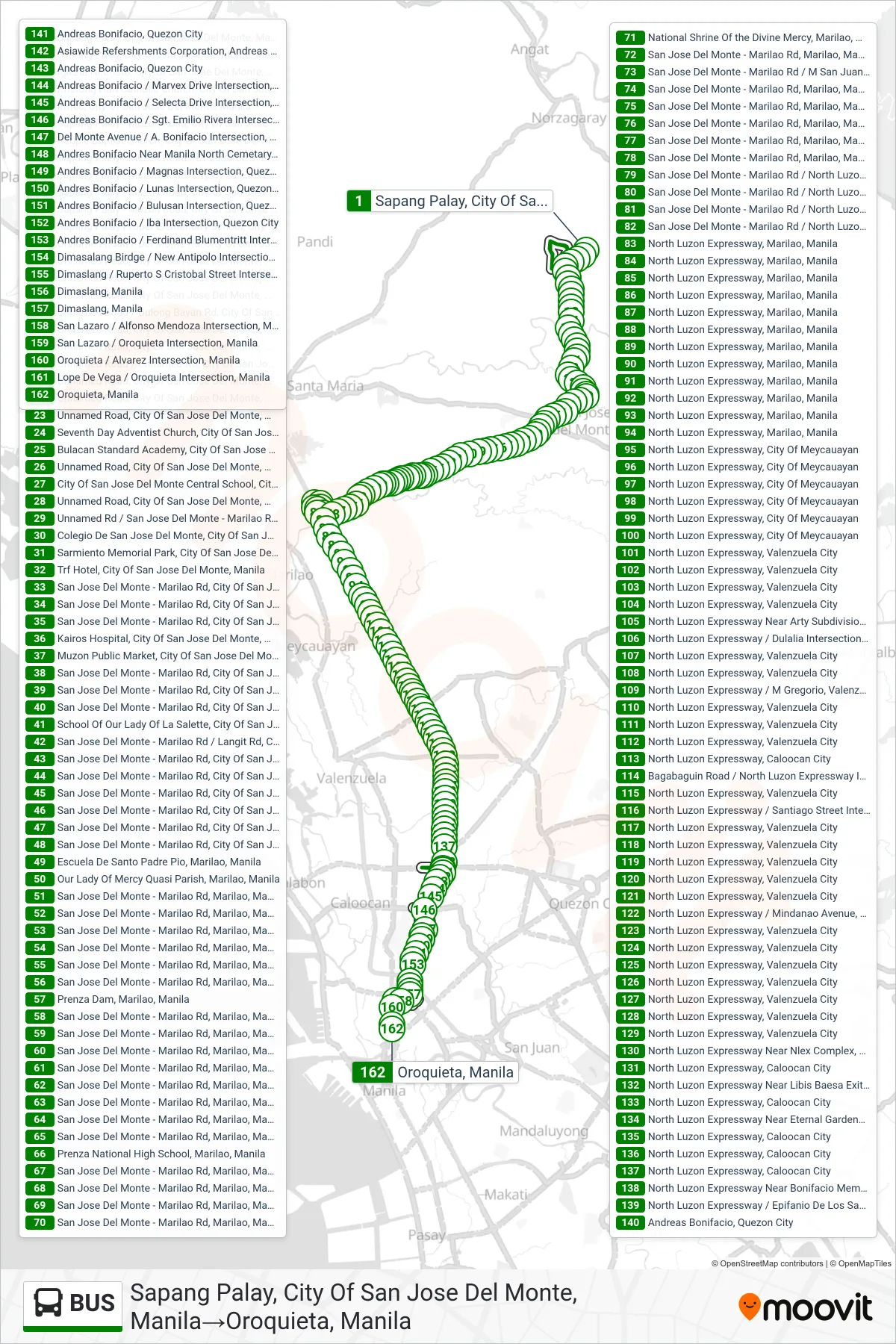 BUS bus Line (Sapang Palay, City Of San Jose Del Monte, Manila→Oroquieta, Manila) route and stops on a map