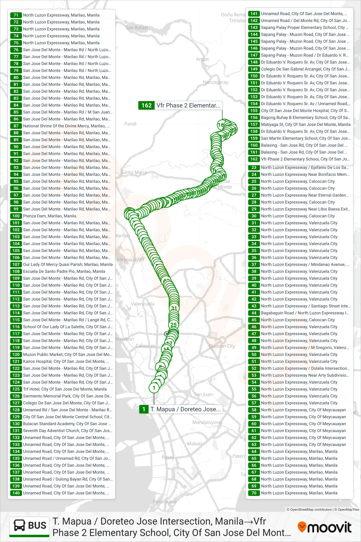 BUS bus Line (T. Mapua / Doreteo Jose Intersection, Manila‎→Vfr Phase 2 Elementary School, City Of San Jose Del Monte, Manila) route and stops on a map