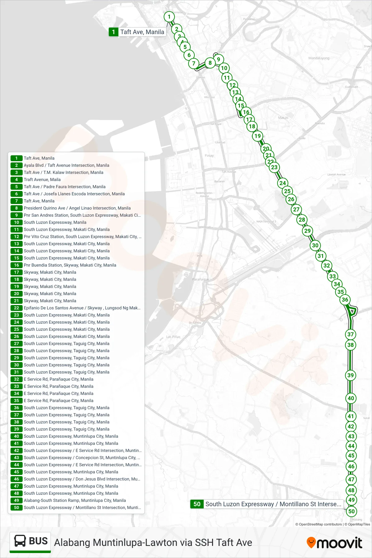BUS bus Line (Taft Ave, Manila→South Luzon Expressway / Montillano St Intersection, Muntinlupa City, Manila) route and stops on a map