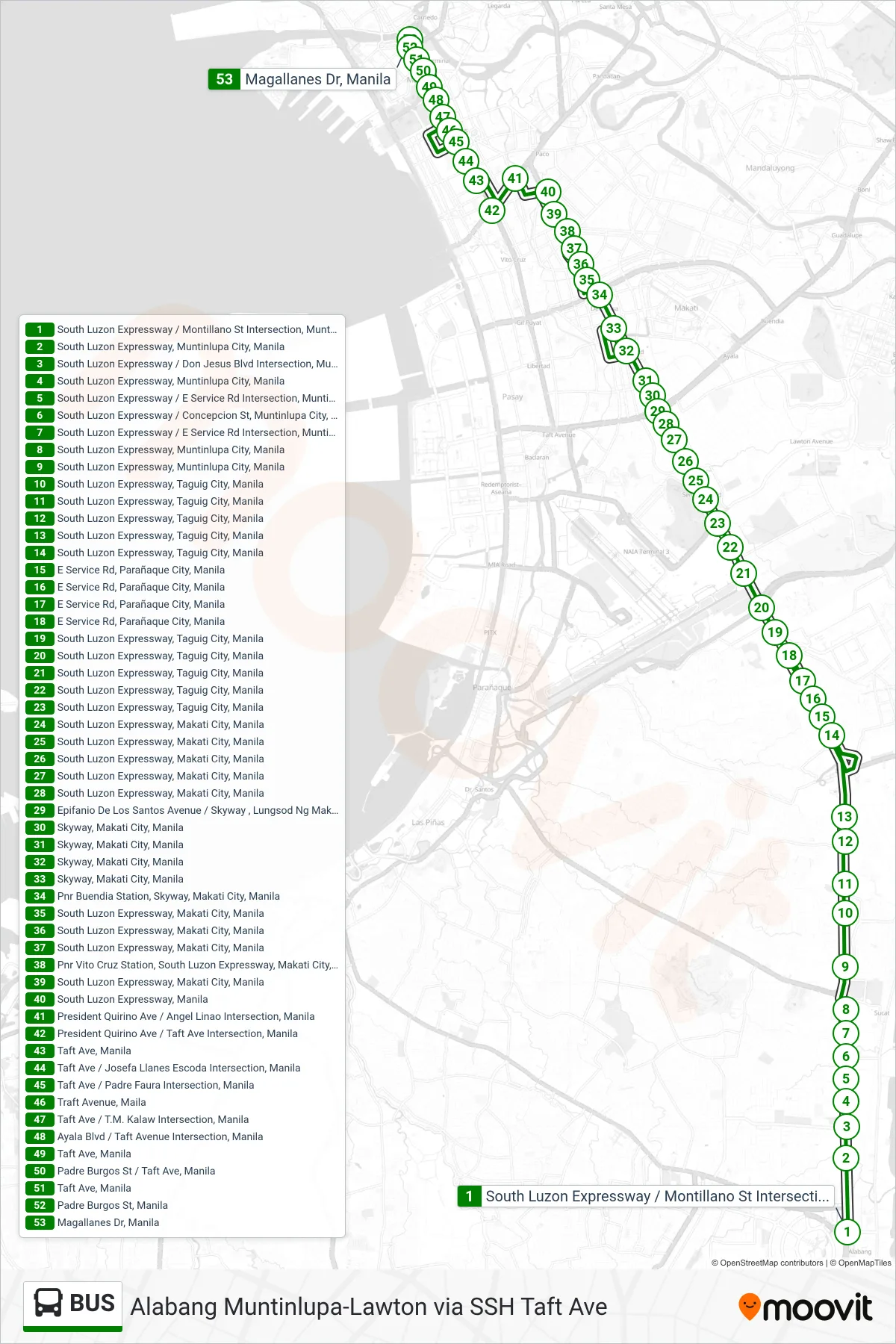 BUS bus Line (South Luzon Expressway / Montillano St Intersection, Muntinlupa City, Manila‎→Magallanes Dr, Manila) route and stops on a map