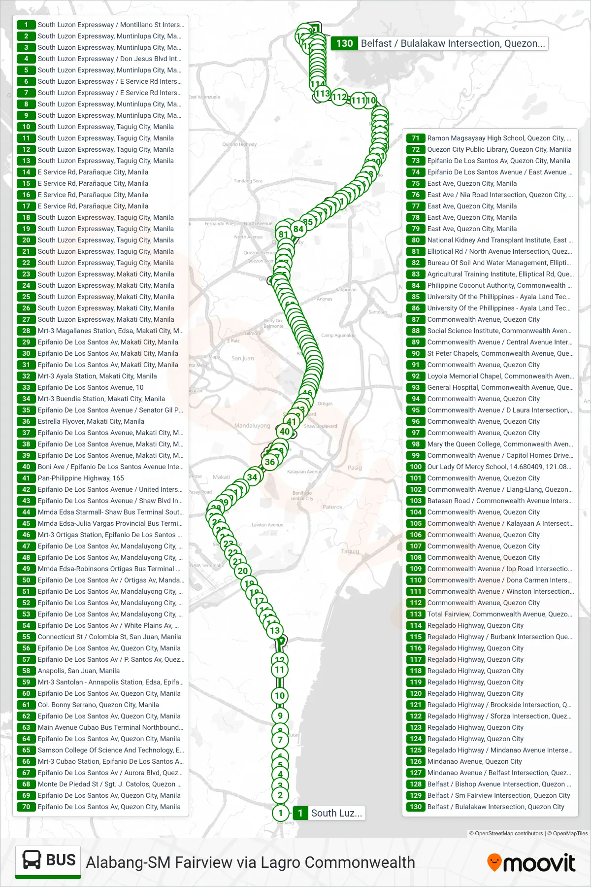 BUS bus Line (South Luzon Expressway / Montillano St Intersection, Muntinlupa City, Manila→Belfast / Bulalakaw Intersection, Quezon City) route and stops on a map