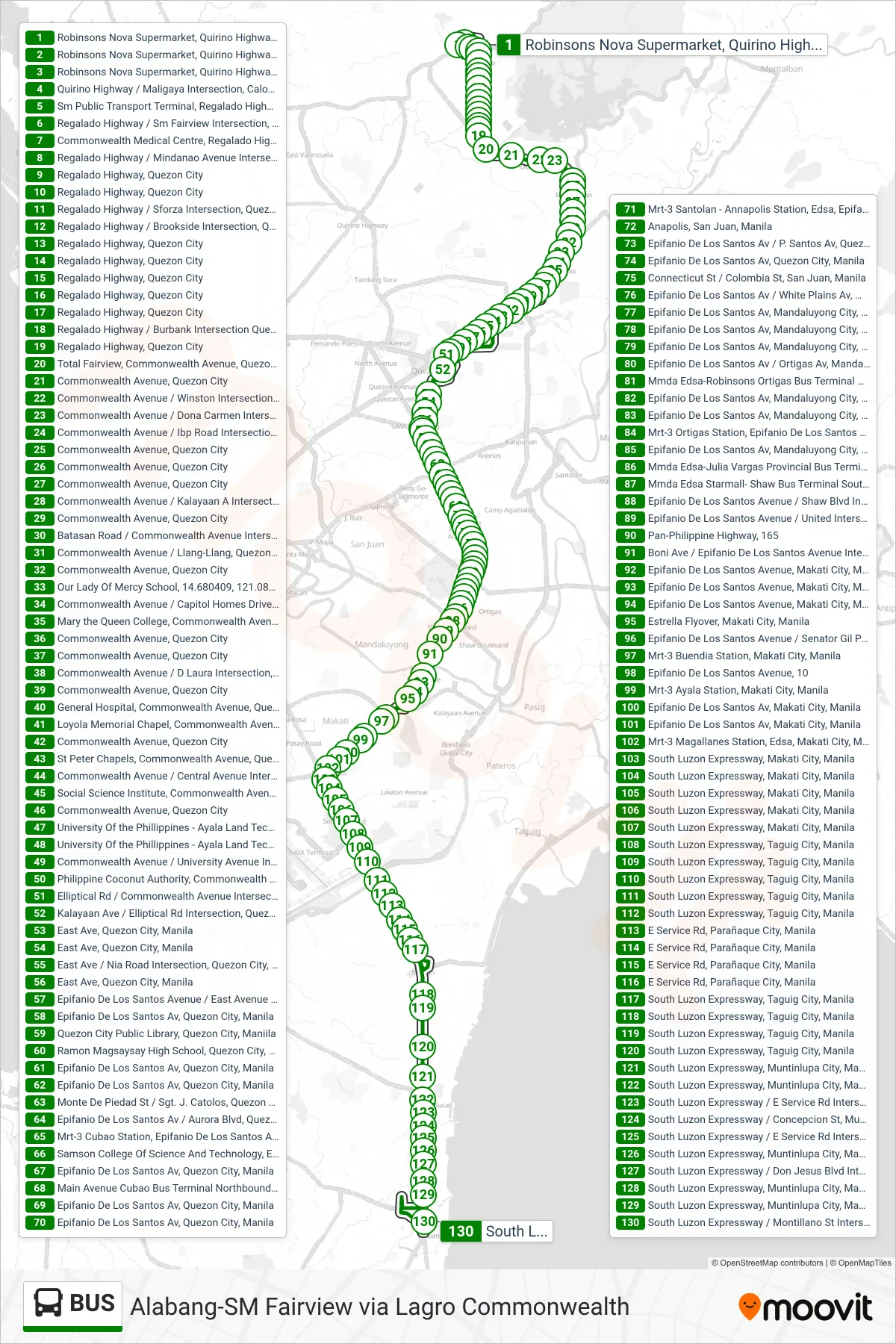 BUS bus Line (Robinsons Nova Supermarket, Quirino Highway, Caloocan City, Manila→South Luzon Expressway / Montillano St Intersection, Muntinlupa City, Manila) route and stops on a map