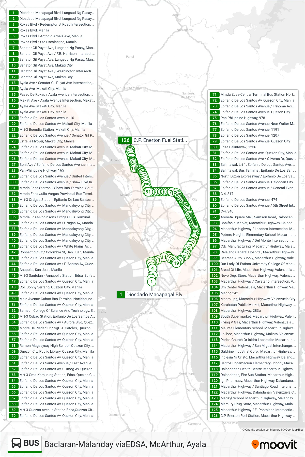 BUS bus Line (Diosdado Macapagal Blvd, Lungsod Ng Pasay, Manila→C.P. Enerton Fuel Station, Macarthur Highway, Valenzuela City, Philippines) route and stops on a map
