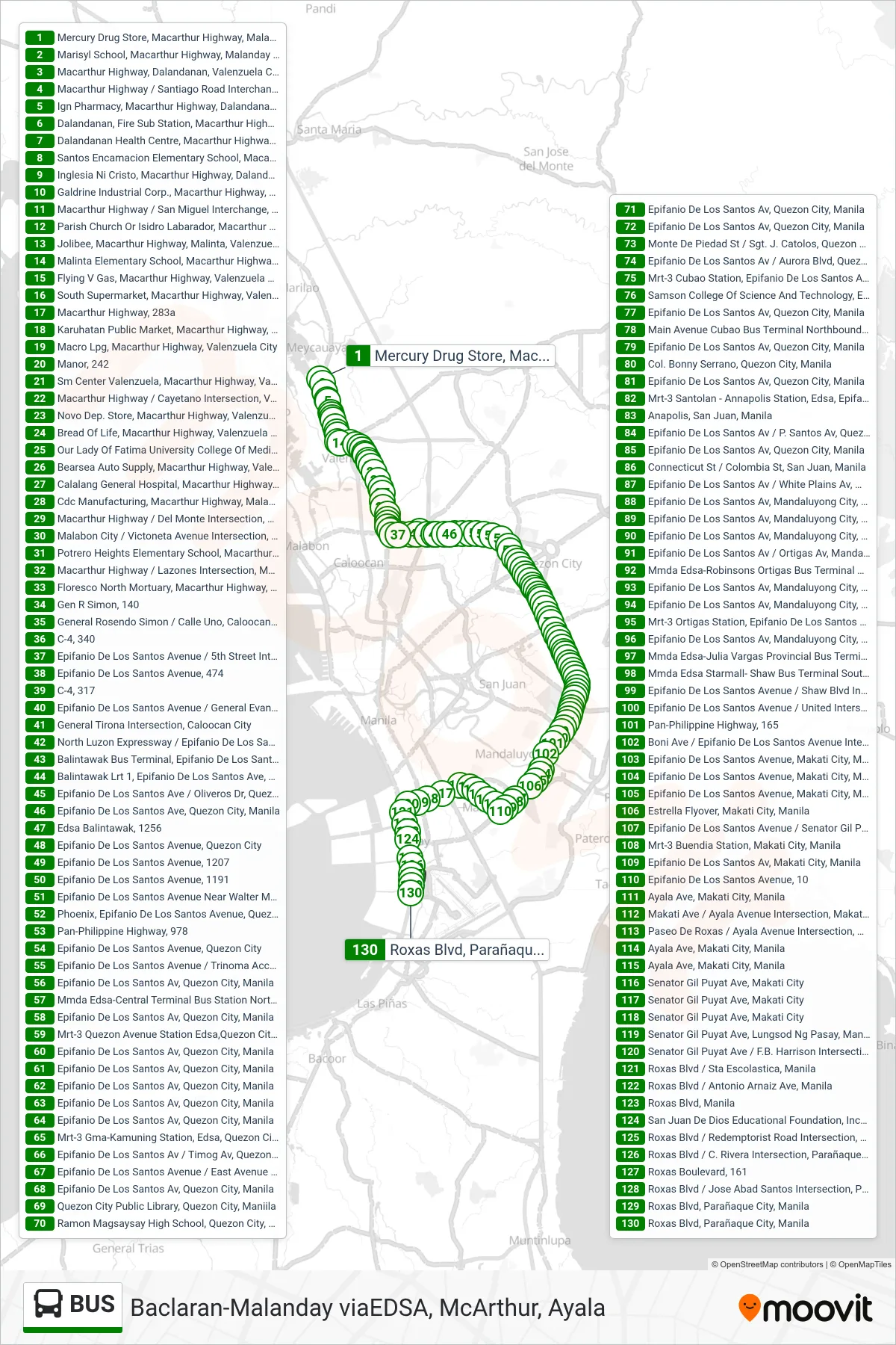 BUS bus Line (Mercury Drug Store, Macarthur Highway, Malanday, Valenzuela City→Roxas Blvd, Parañaque City, Manila) route and stops on a map
