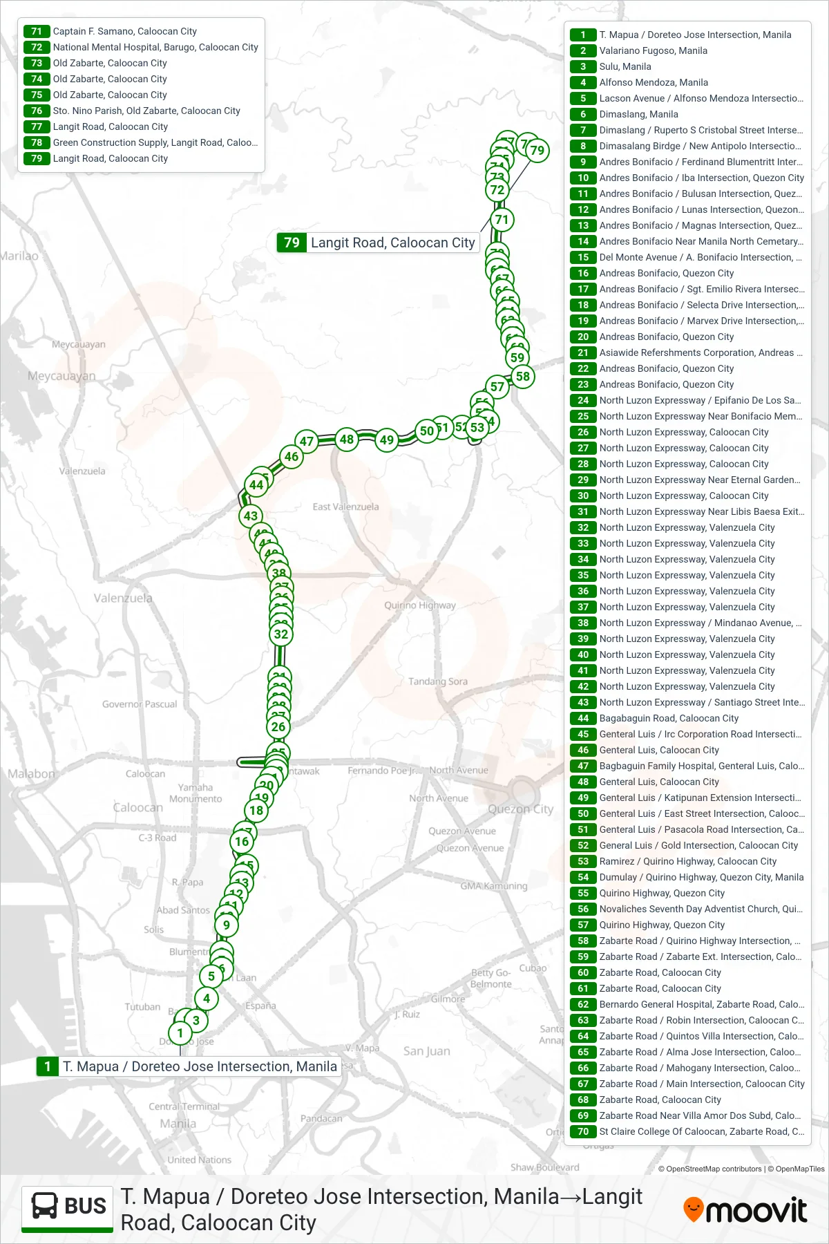 BUS bus Line (T. Mapua / Doreteo Jose Intersection, Manila→Langit Road, Caloocan City) route and stops on a map