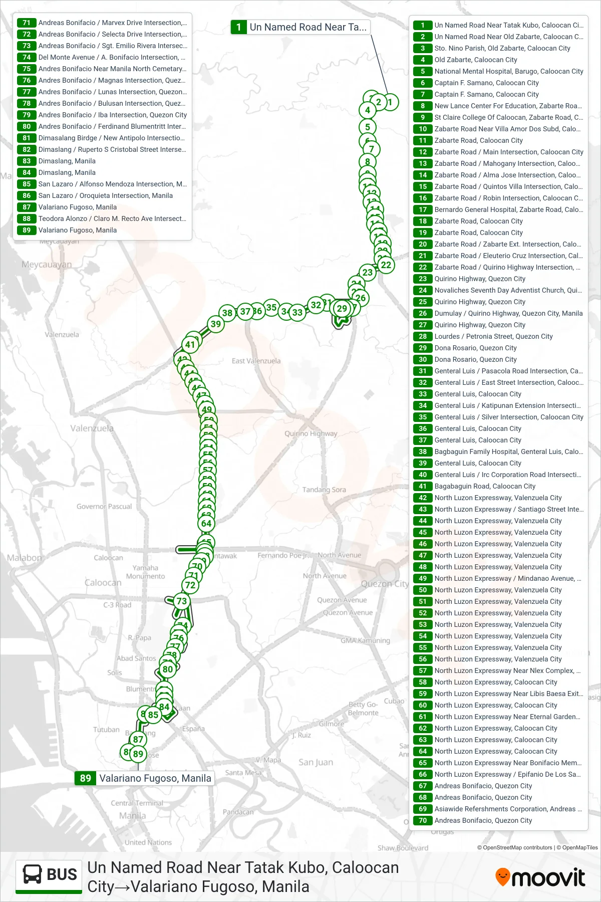 BUS bus Line (Un Named Road Near Tatak Kubo, Caloocan City→Valariano Fugoso, Manila) route and stops on a map