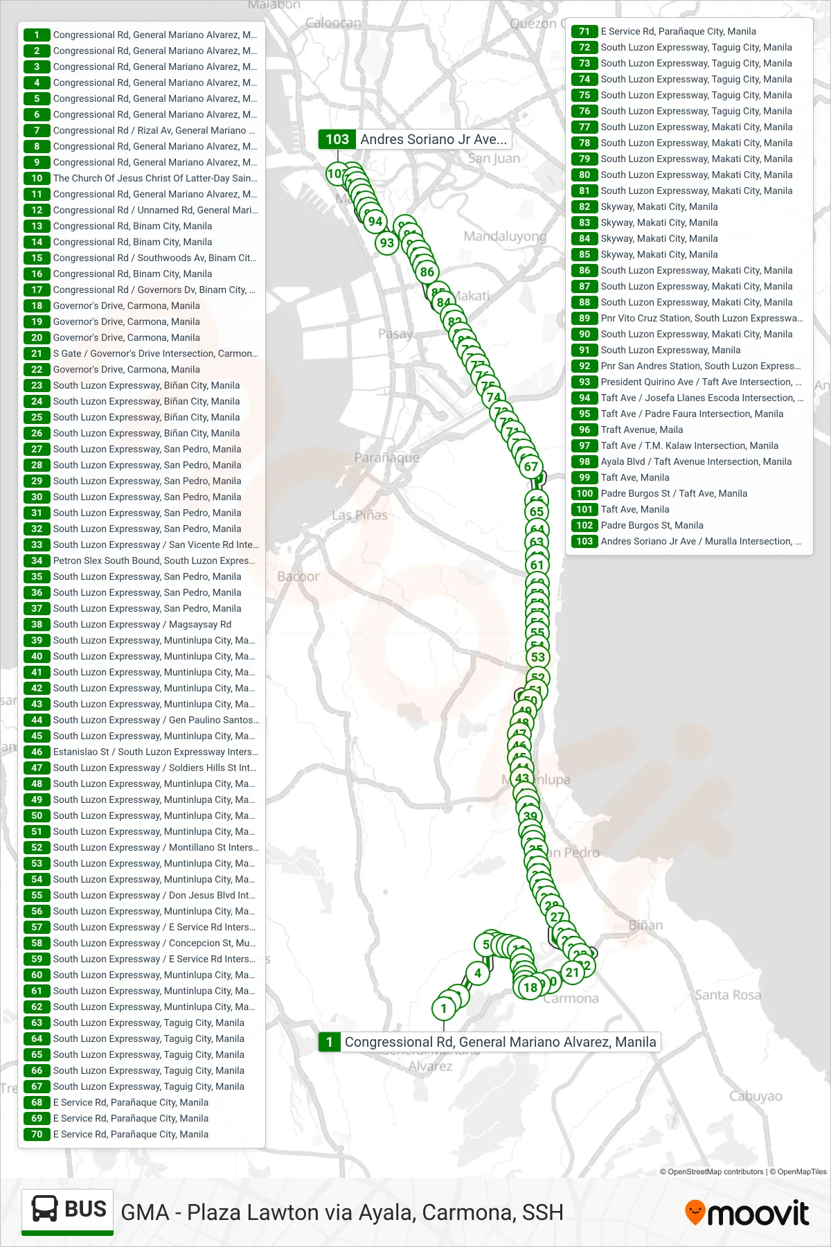 BUS bus Line (Congressional Rd, General Mariano Alvarez, Manila→Andres Soriano Jr Ave / Muralla Intersection, Manila) route and stops on a map