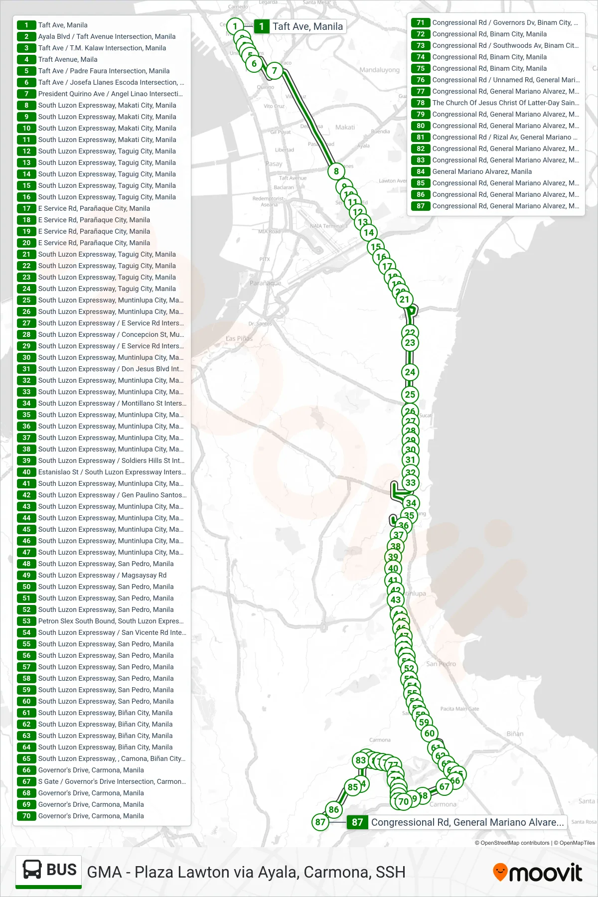 BUS bus Line (Taft Ave, Manila‎→Congressional Rd,  General Mariano Alvarez, Manila) route and stops on a map