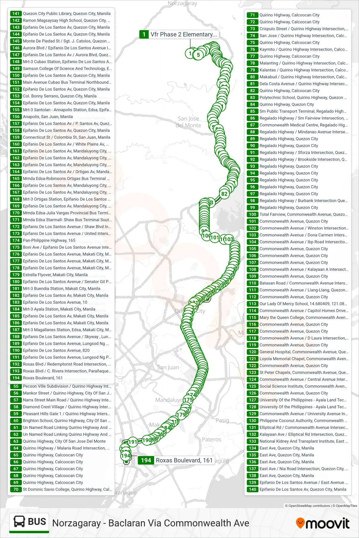 BUS bus Line (Vfr Phase 2 Elementary School, City Of San Jose Del Monte, Manila‎→Roxas Boulevard, 161) route and stops on a map