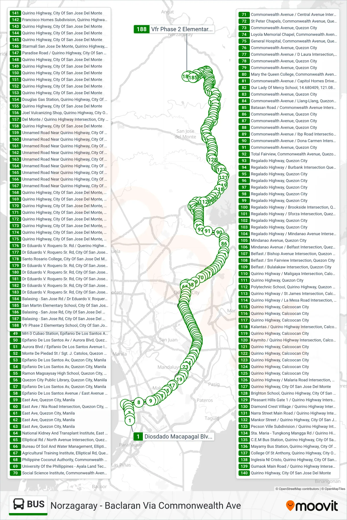 BUS bus Line (Diosdado Macapagal Blvd, Lungsod Ng Pasay, Manila‎→Vfr Phase 2 Elementary School, City Of San Jose Del Monte, Manila) route and stops on a map