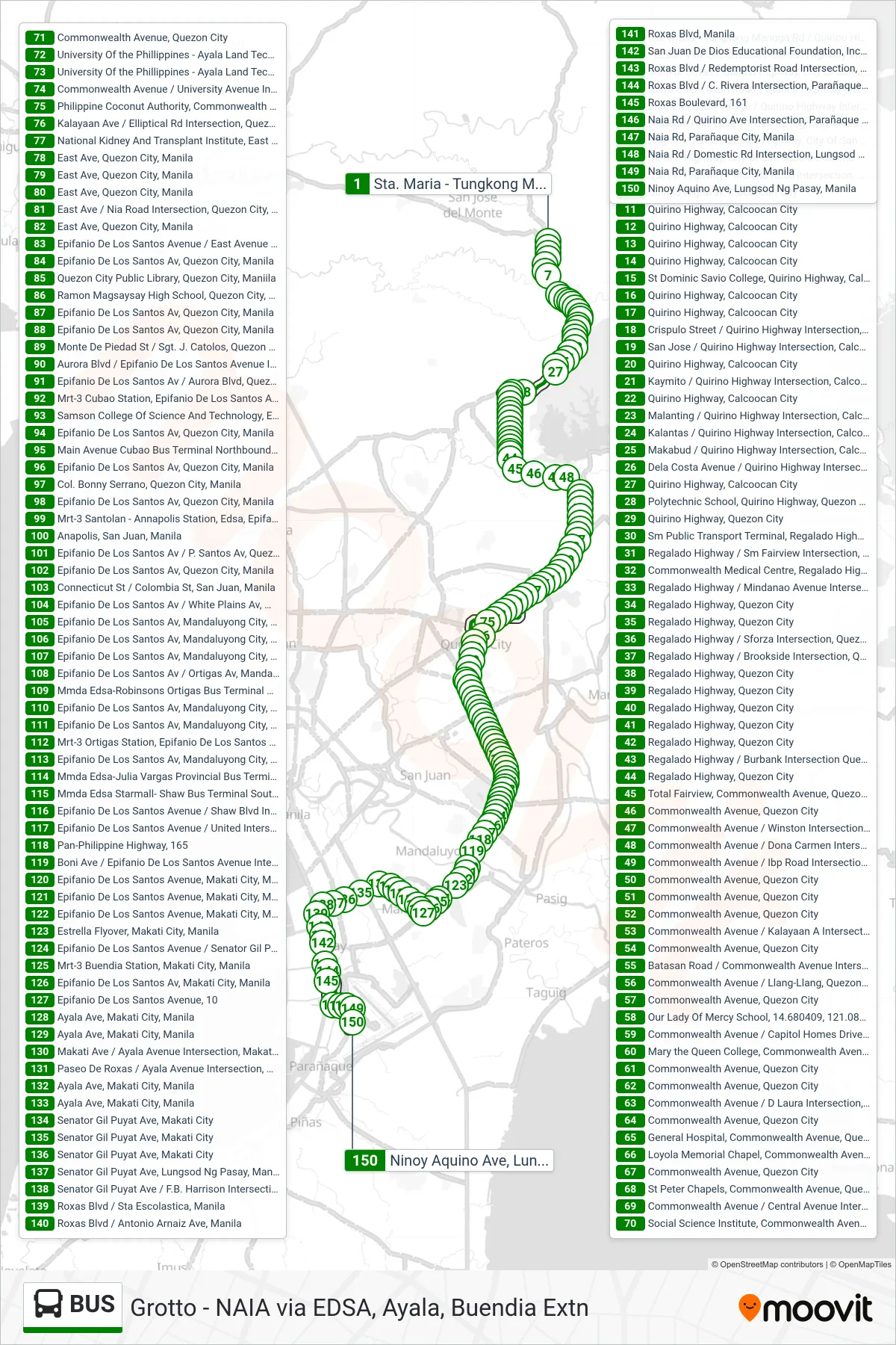 BUS bus Line (Sta. Maria - Tungkong Mangga Rd / Quirino Highway Intersection, City Of San Jose Del Monte→Ninoy Aquino Ave, Lungsod Ng Pasay, Manila) route and stops on a map