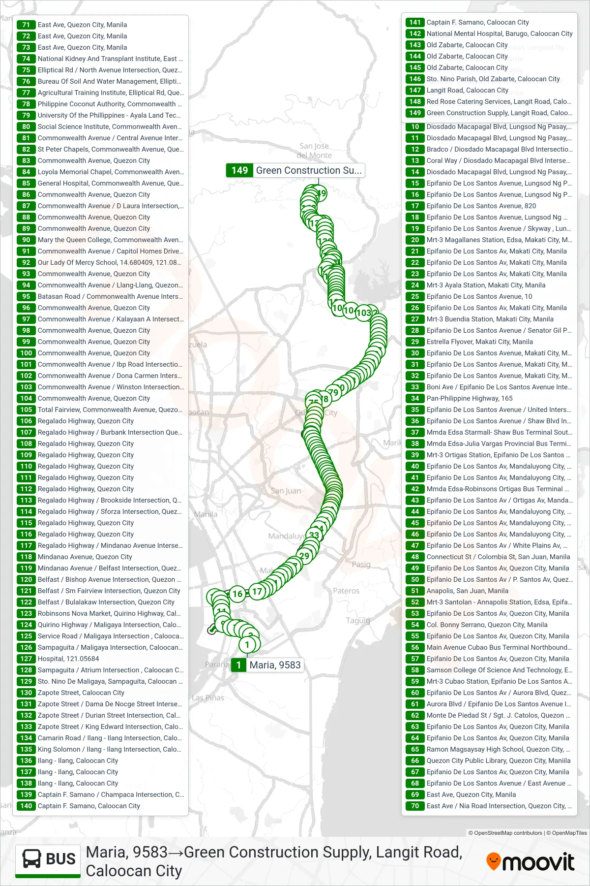 BUS bus Line (Maria, 9583‎→Green Construction Supply, Langit Road, Caloocan City) route and stops on a map