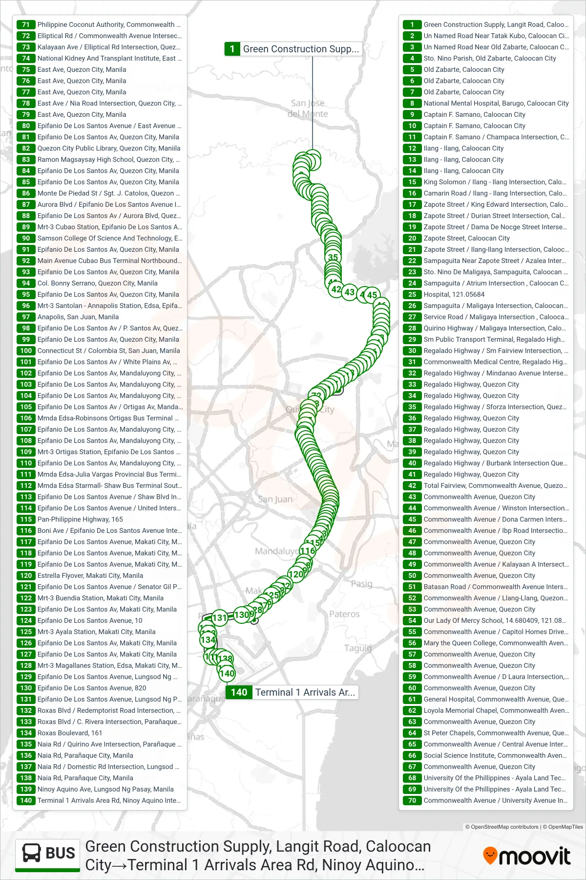 BUS bus Line (Green Construction Supply, Langit Road, Caloocan City→Terminal 1 Arrivals Area Rd, Ninoy Aquino International Airport, Parañaque City, Manila) route and stops on a map