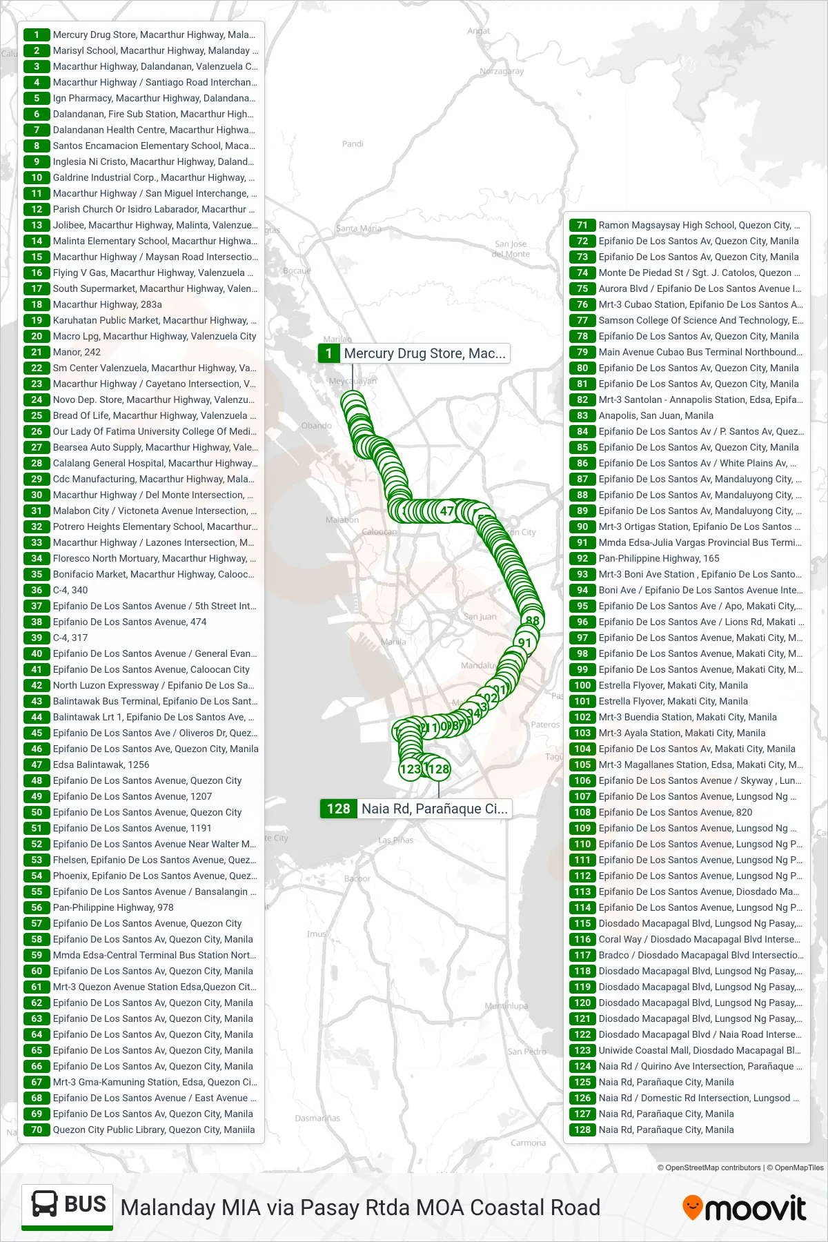BUS bus Line (Mercury Drug Store, Macarthur Highway, Malanday, Valenzuela City→Naia Rd, Parañaque City, Manila) route and stops on a map