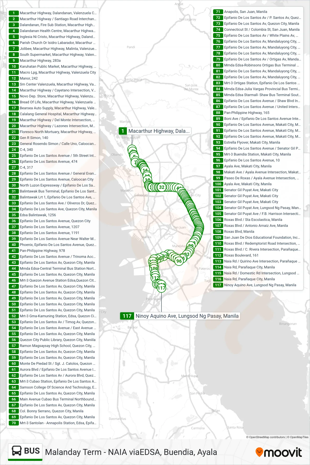 BUS bus Line (Macarthur Highway, Dalandanan, Valenzuela City→Ninoy Aquino Ave, Lungsod Ng Pasay, Manila) route and stops on a map