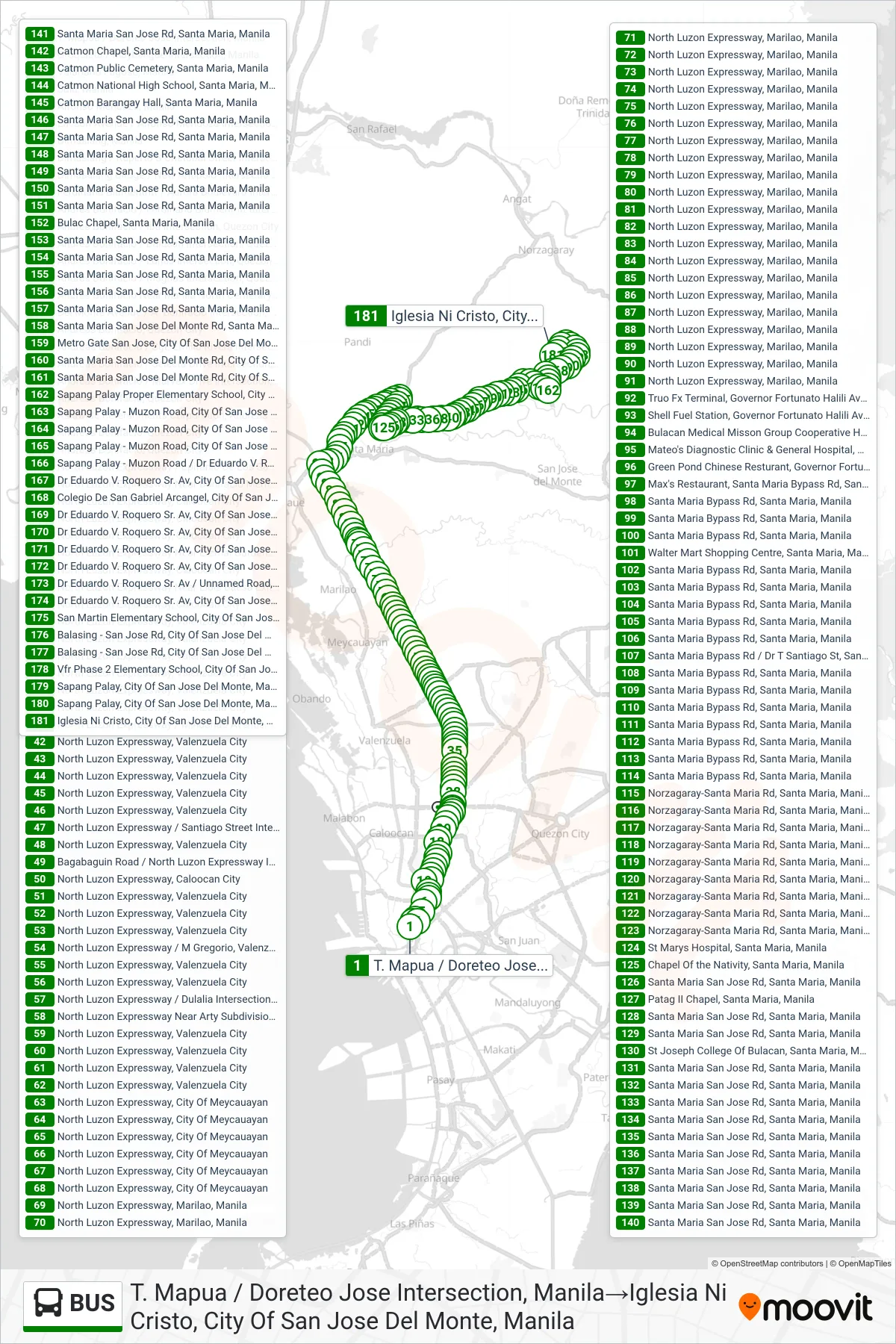 BUS bus Line (T. Mapua / Doreteo Jose Intersection, Manila‎→Iglesia Ni Cristo, City Of San Jose Del Monte, Manila) route and stops on a map