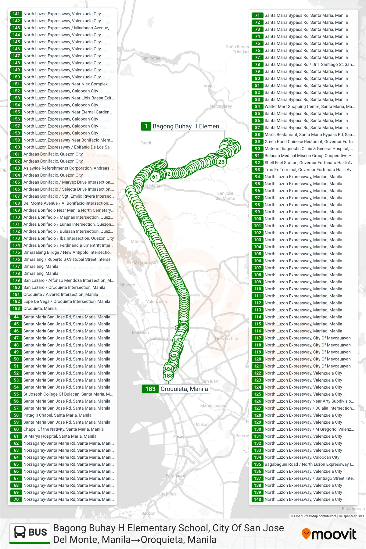 BUS bus Line (Bagong Buhay H Elementary School, City Of San Jose Del Monte, Manila→Oroquieta, Manila) route and stops on a map