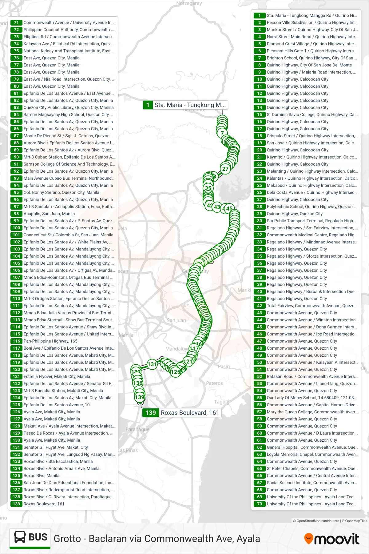 BUS bus Line (Sta. Maria - Tungkong Mangga Rd / Quirino Highway Intersection, City Of San Jose Del Monte‎→Roxas Boulevard, 161) route and stops on a map