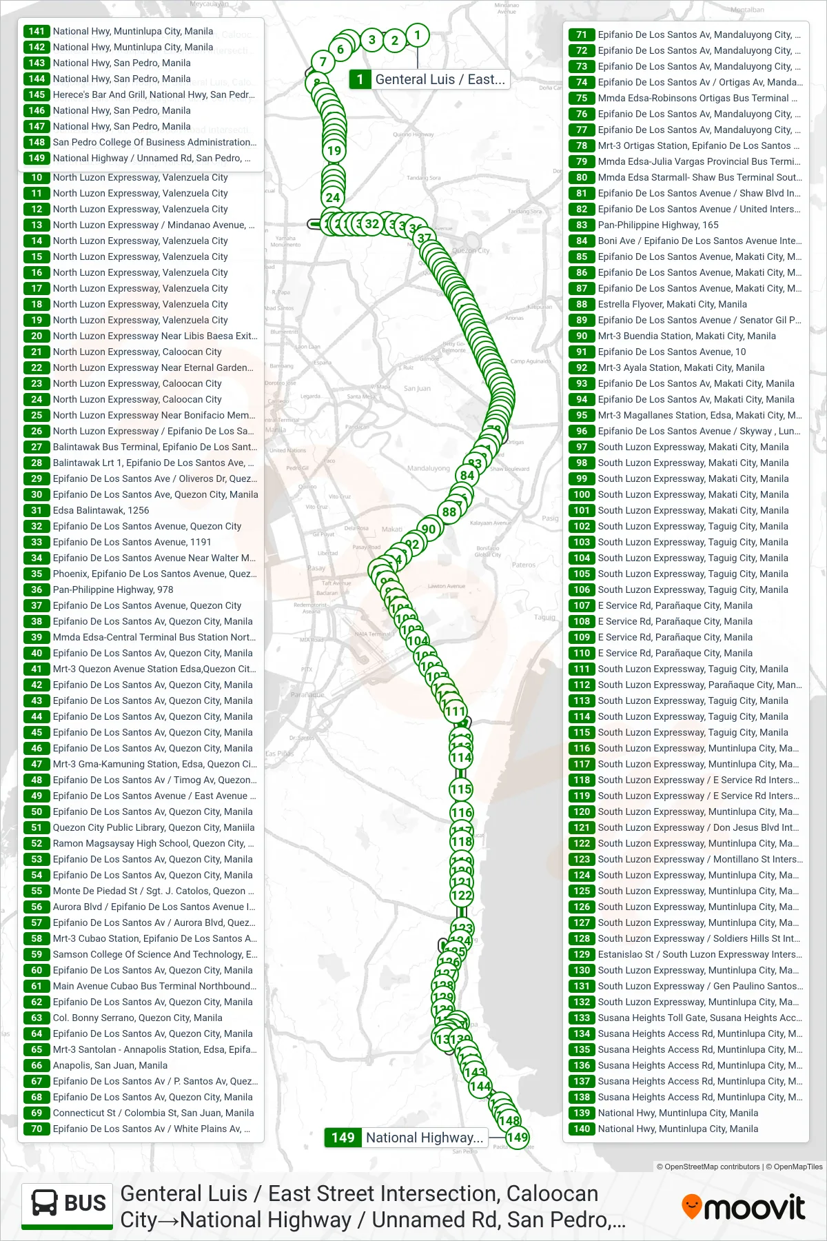 BUS bus Line (Genteral Luis / East Street Intersection, Caloocan City→National Highway / Unnamed Rd, San Pedro, Manila) route and stops on a map